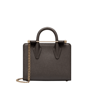 Metallic anthracite caviar nano tote with top handles and gold chain strap.