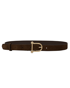 Chocolate suede belt with gold D-shaped buckle and single keeper loop.