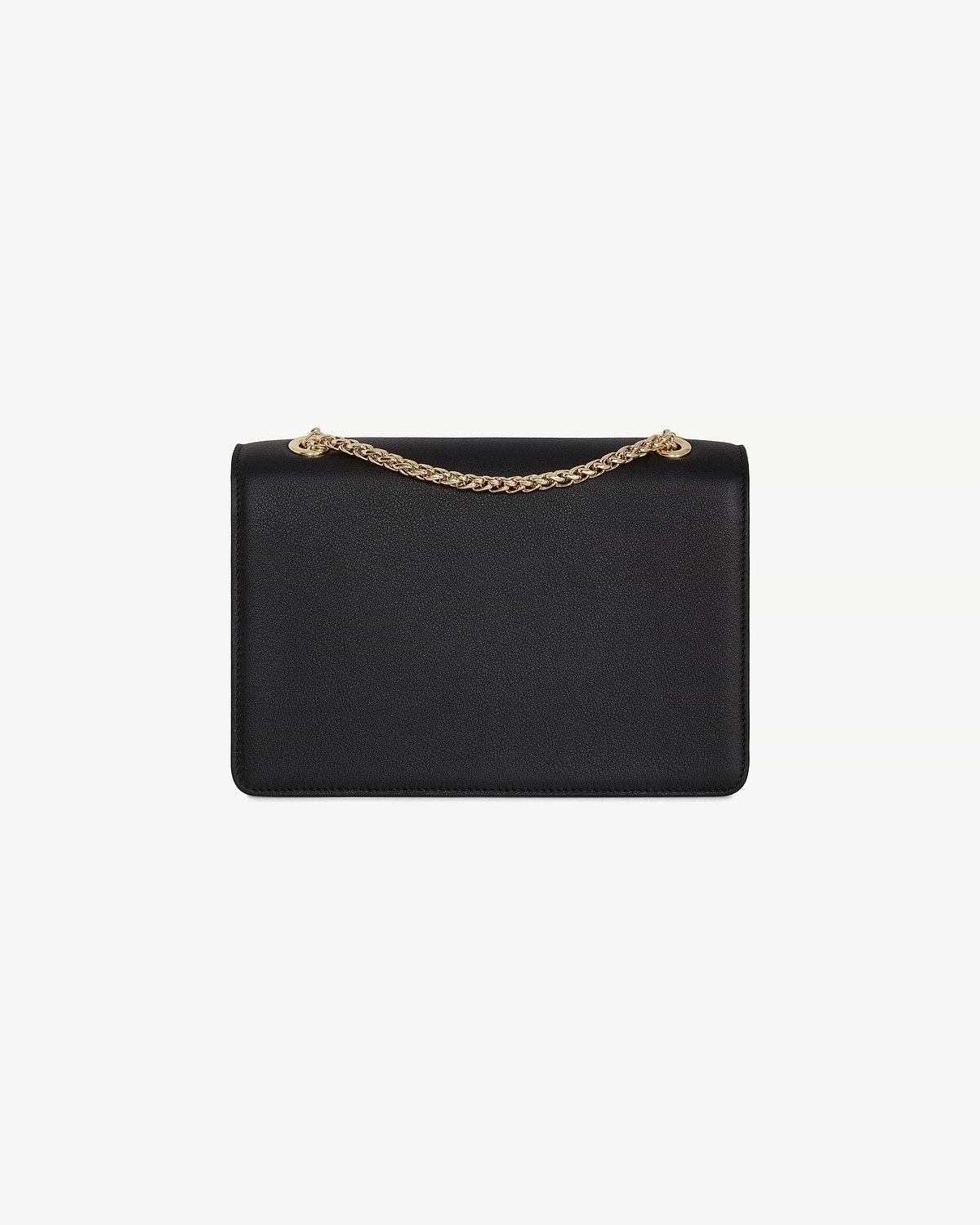 Black East/West rectangular bag with gold chain strap and pebbled texture.
