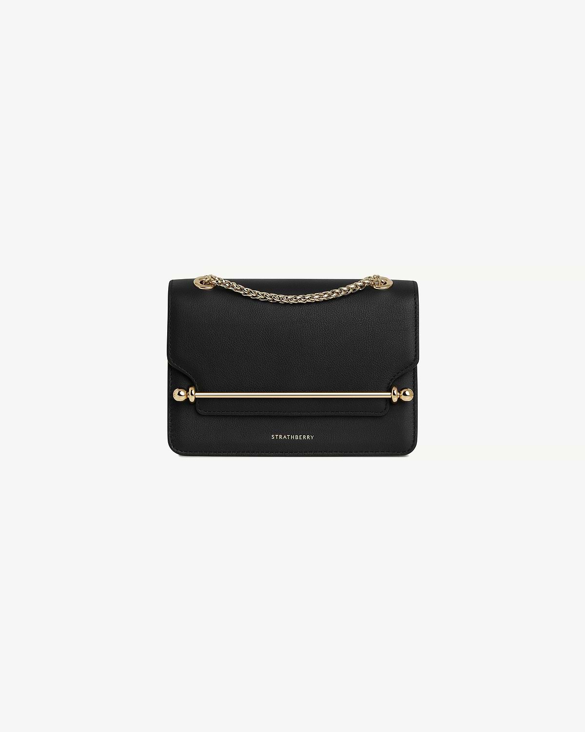 Black East/West Mini bag with gold bar and chain handle, Strathberry logo.