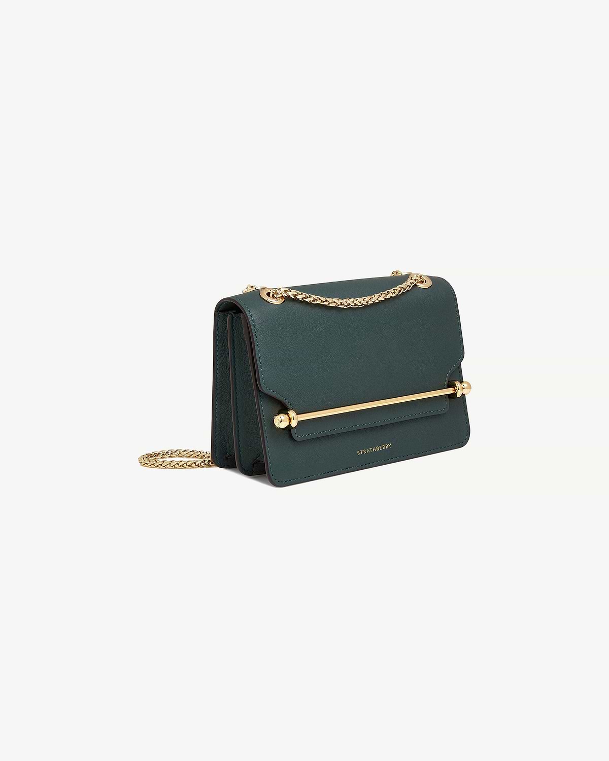 Bottle green East/West Mini leather bag with gold chain strap and bar detail, Strathberry