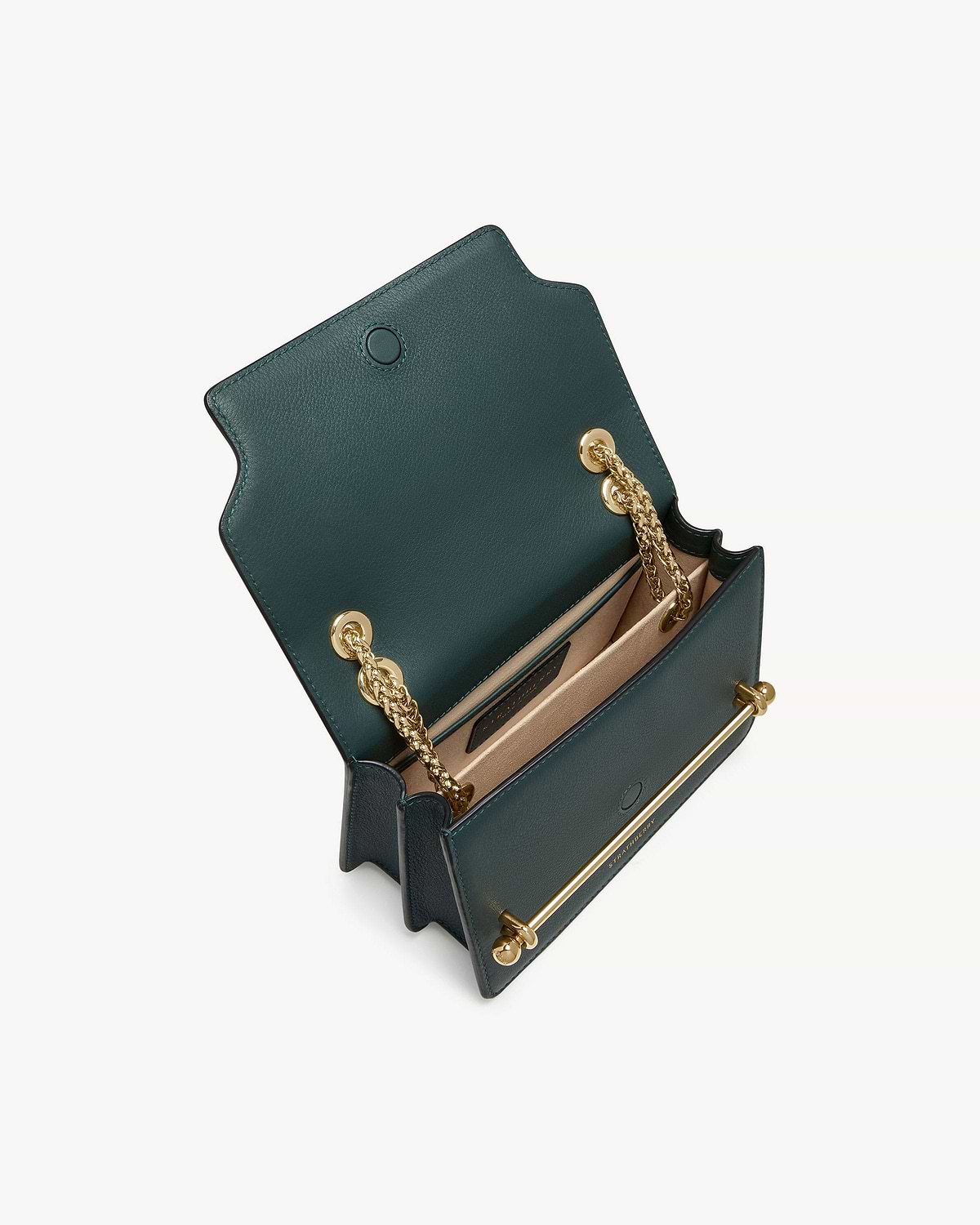 Bottle green East/West mini bag open, beige interior and gold chain strap.