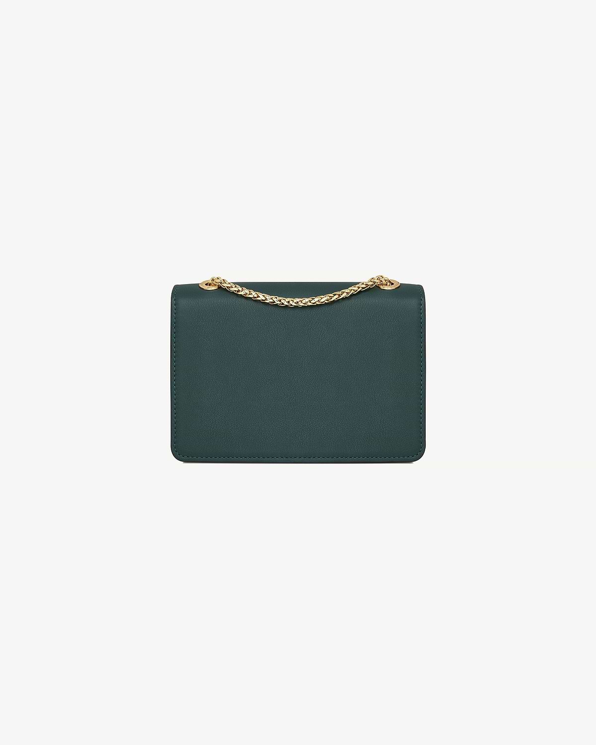Bottle green east/west mini bag with gold chain top handle and smooth leather.