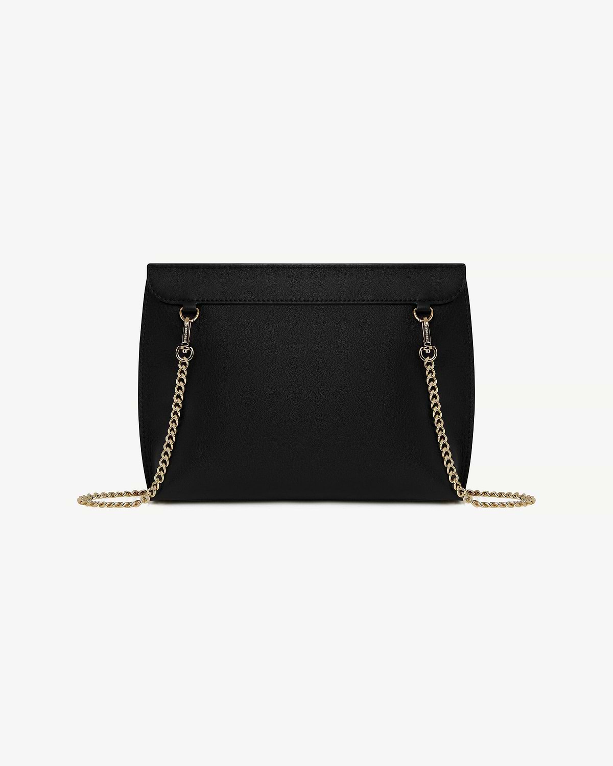 Black bag with gold chain shoulder strap and flap top.