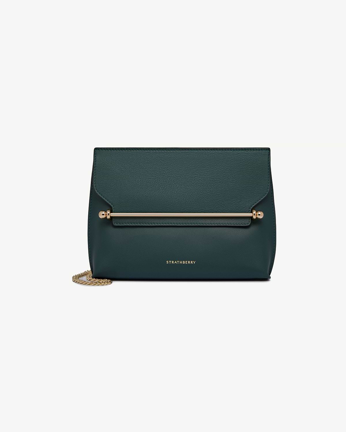 Bottle green Stylist bag by Strathberry with gold bar detail and chain strap.