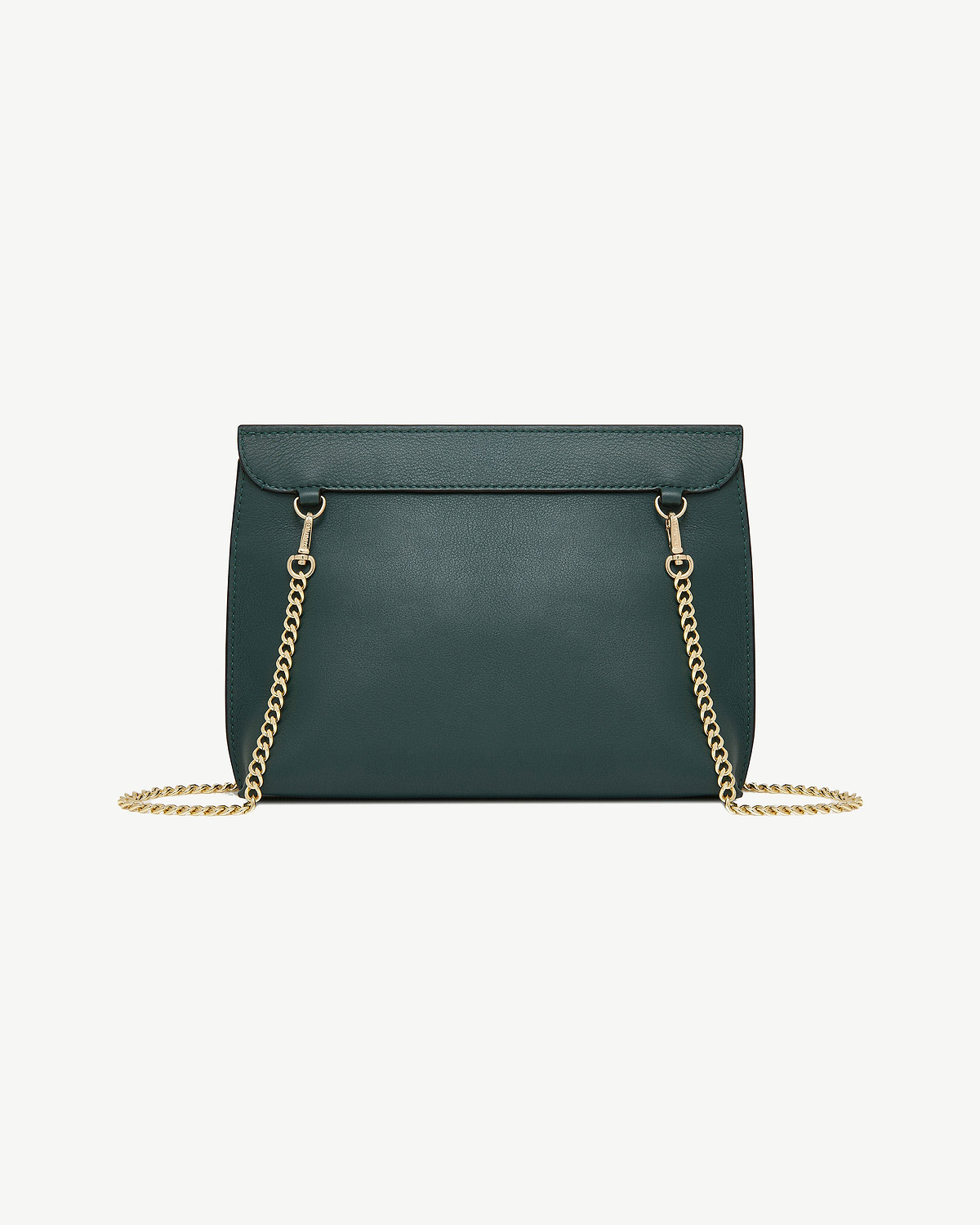 Bottle green leather bag with gold chain strap and visible front panel.