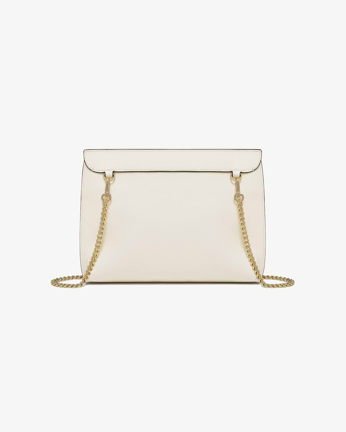 Vanilla leather Stylist bag with gold chain strap and flap top.