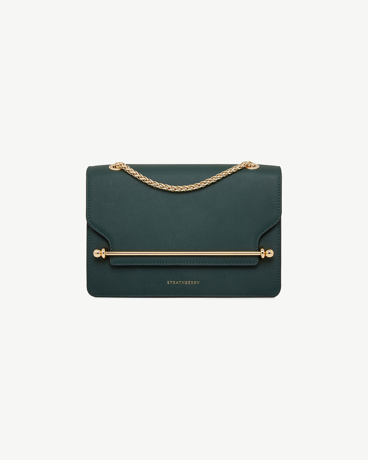 Bottle green Strathberry East/West bag with gold chain and bar detail.