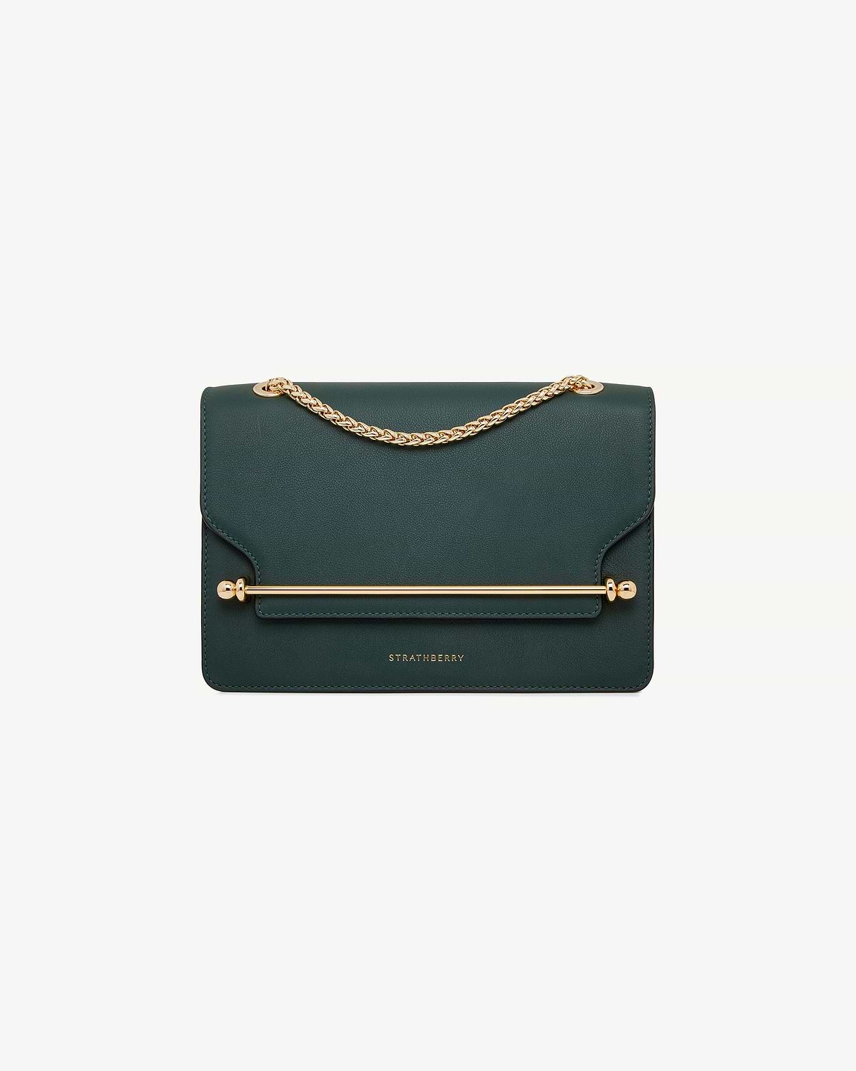 Bottle green Strathberry East/West bag with gold chain and bar detail.