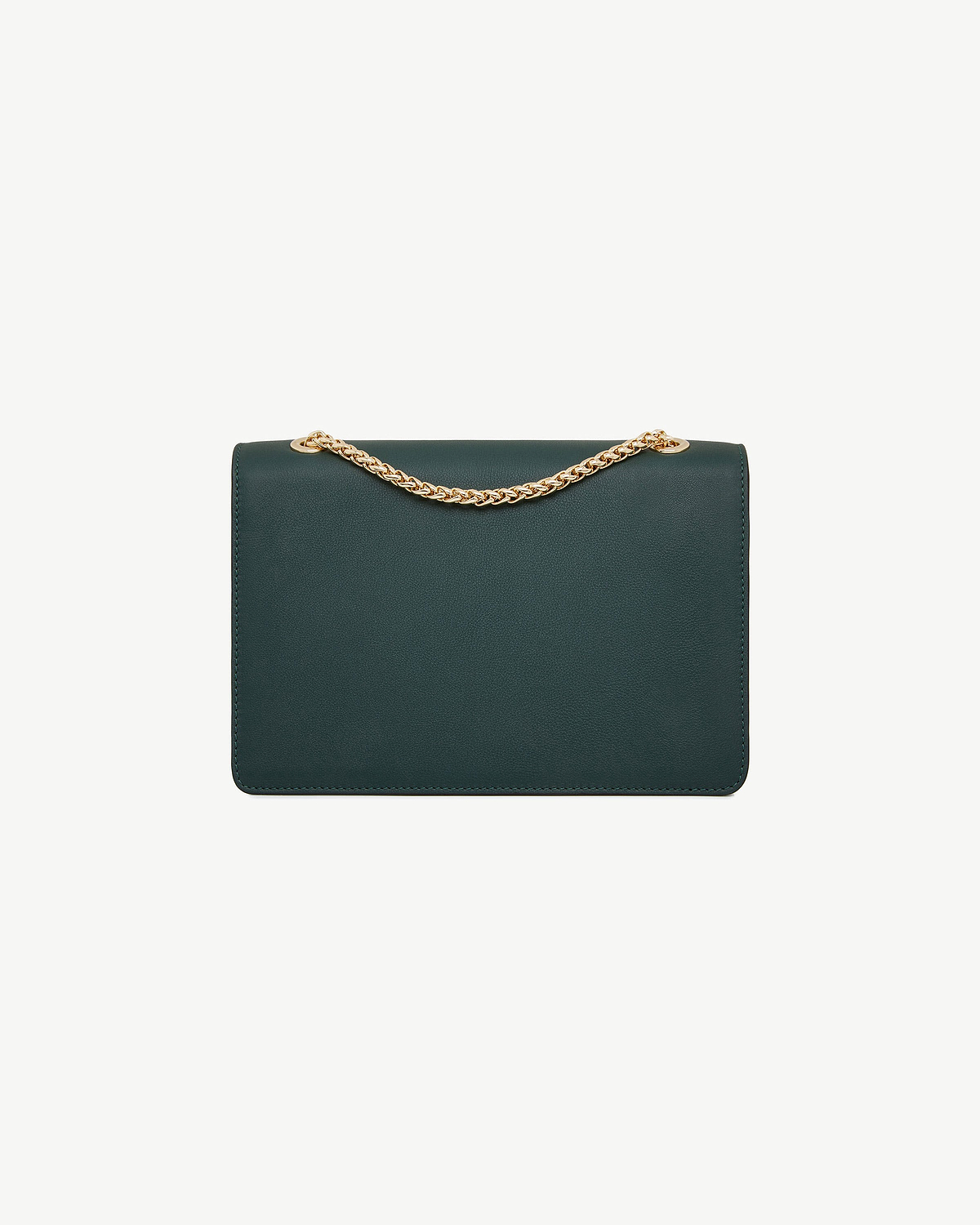 Bottle green east/west leather bag with a gold chain shoulder strap.