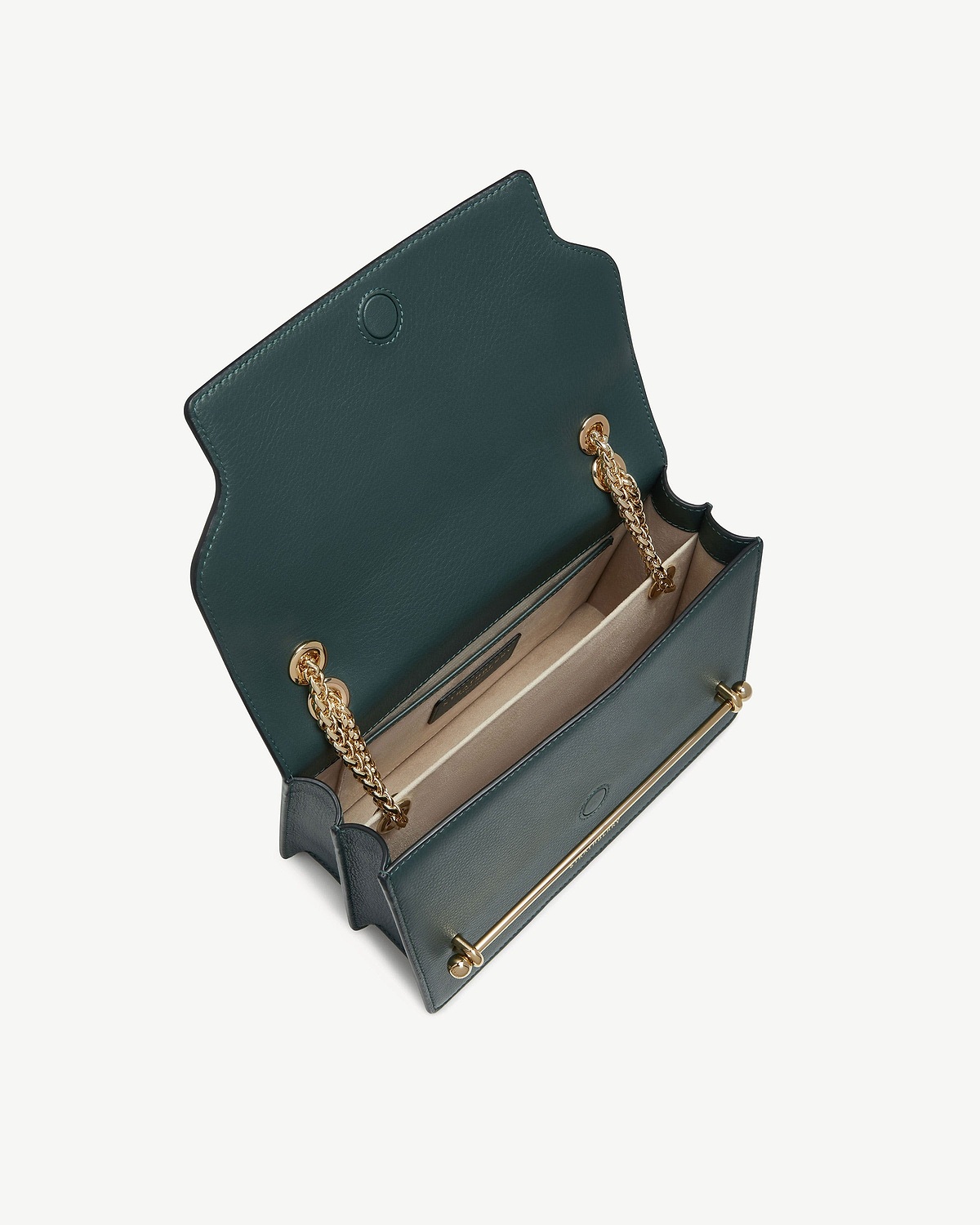 Bottle green east/west shoulder bag open, showing beige interior and gold chain.