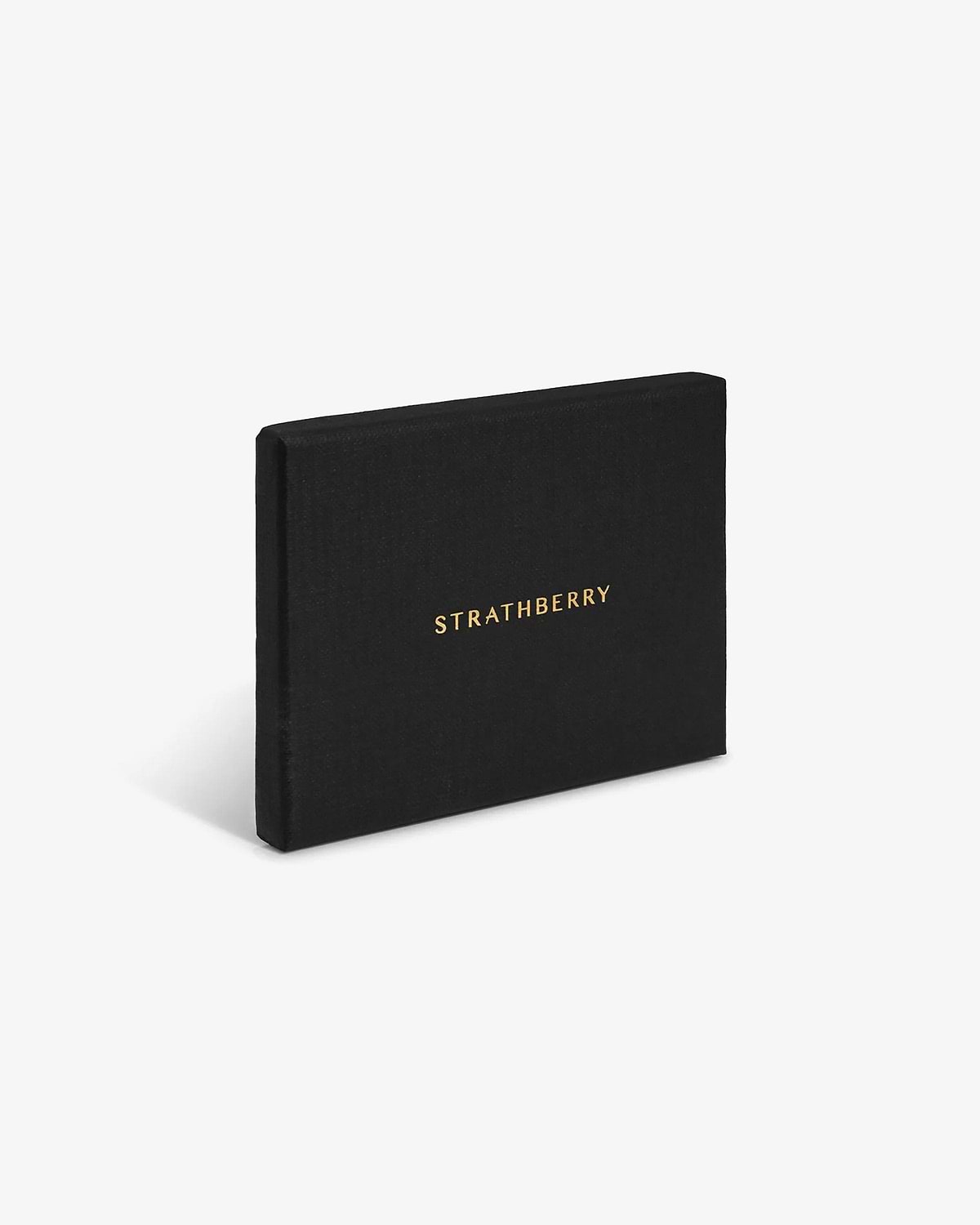 Black Strathberry box with gold logo standing on a white background.