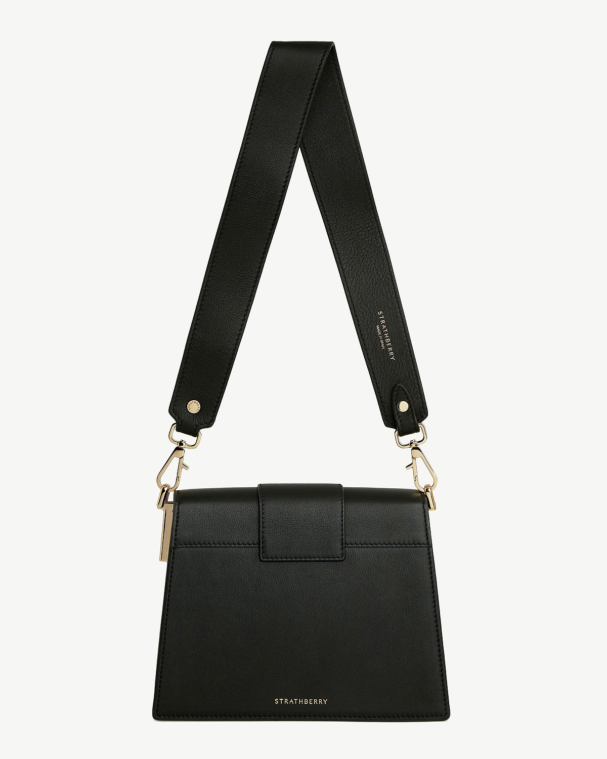 Strathberry Box Crescent black leather handbag with wide strap and gold hardware