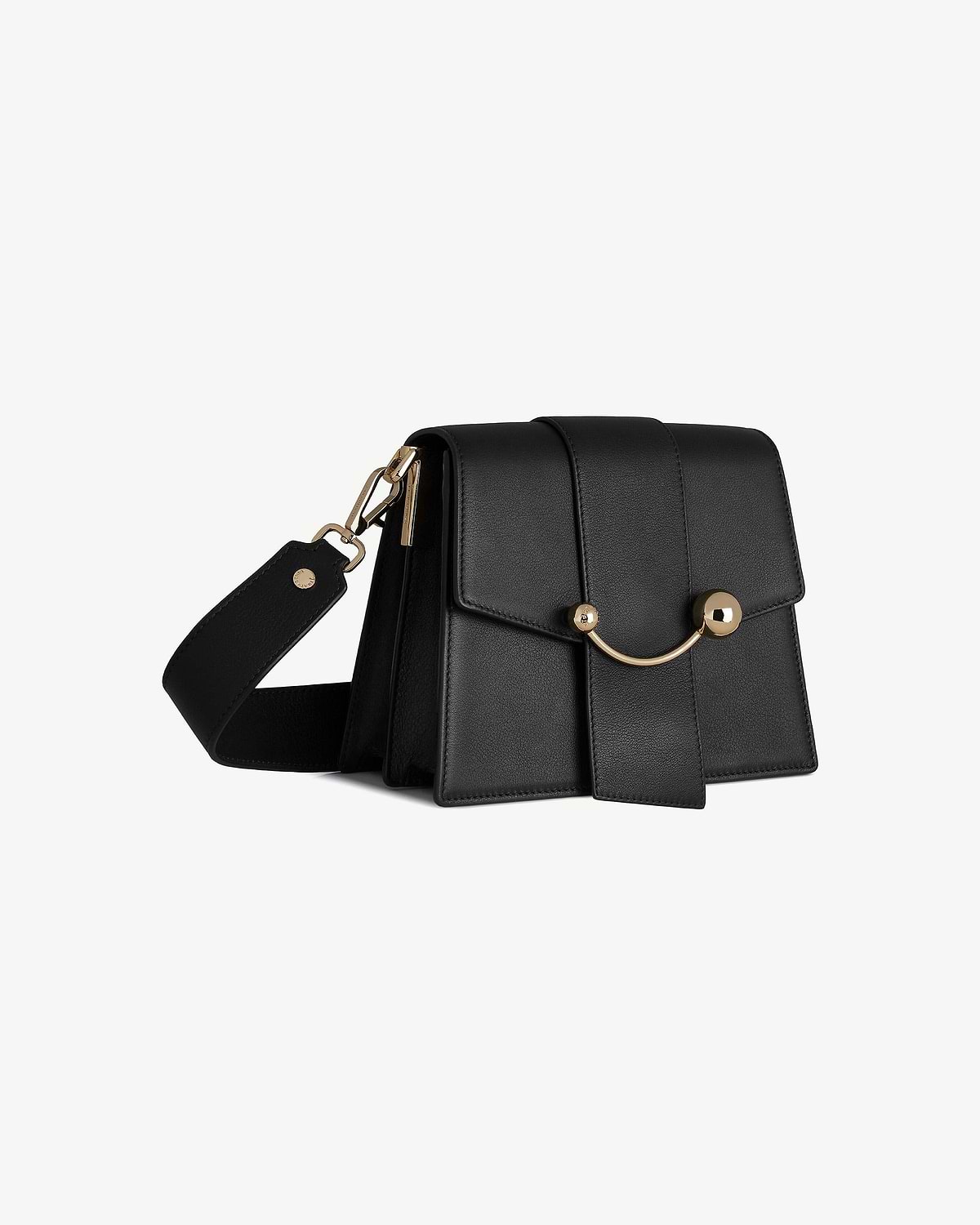 Black box crescent bag with gold crescent-shaped hardware and detachable wide strap