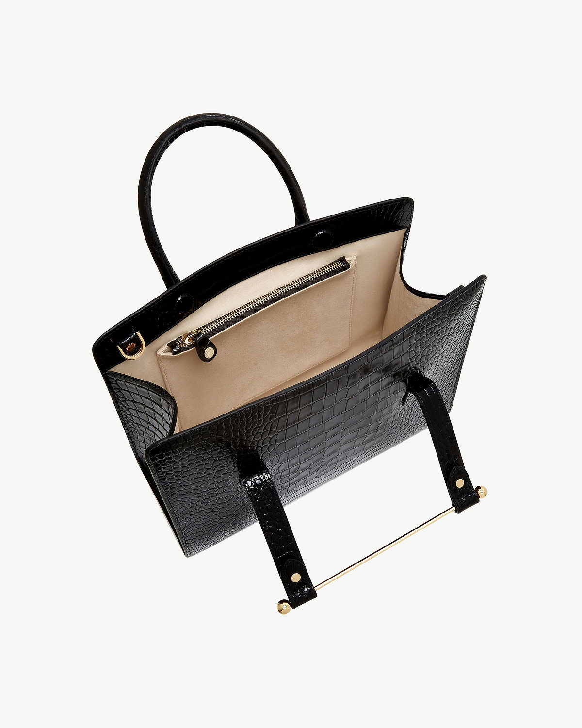 Black croc midi tote with beige interior, internal zip pocket and gold hardware.