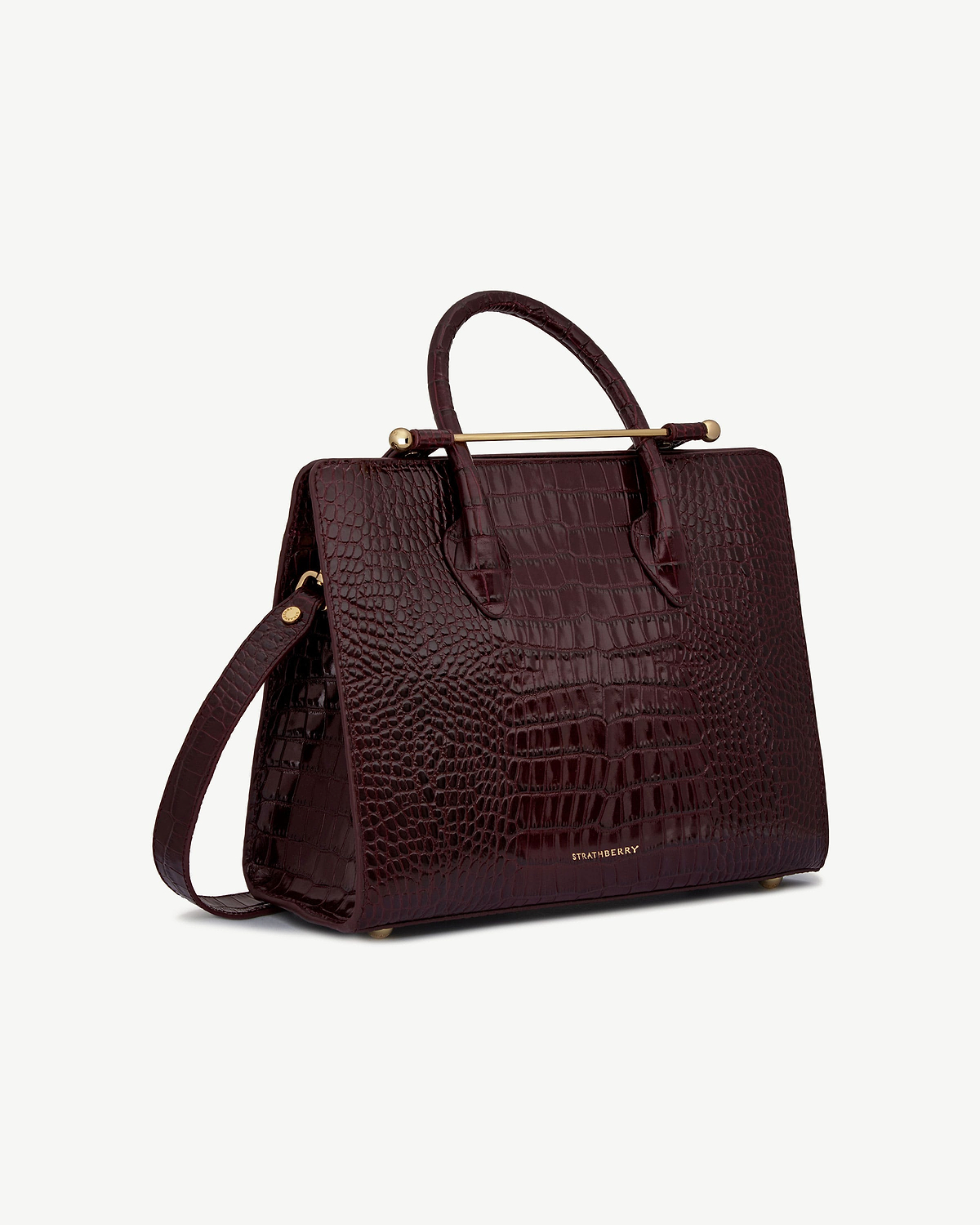 Strathberry croc-embossed midi tote with top handles and shoulder strap