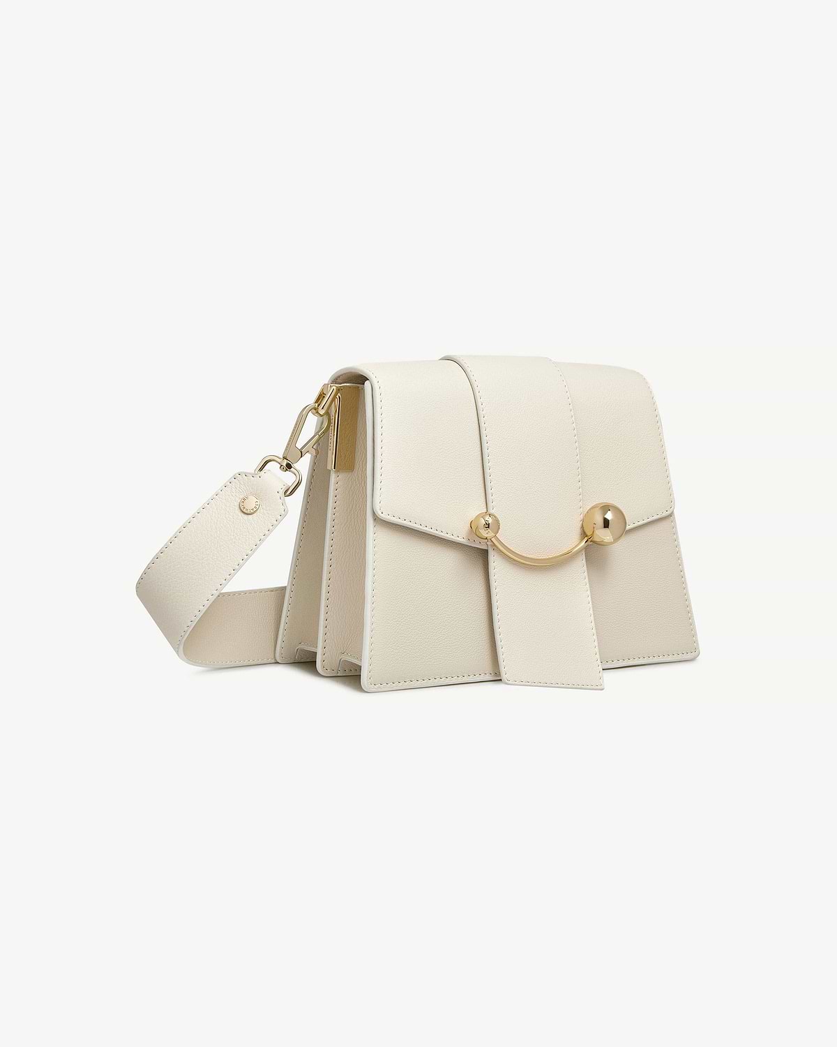 Box crescent shoulder bag in vanilla/diamond with gold curved fittings and wide strap.