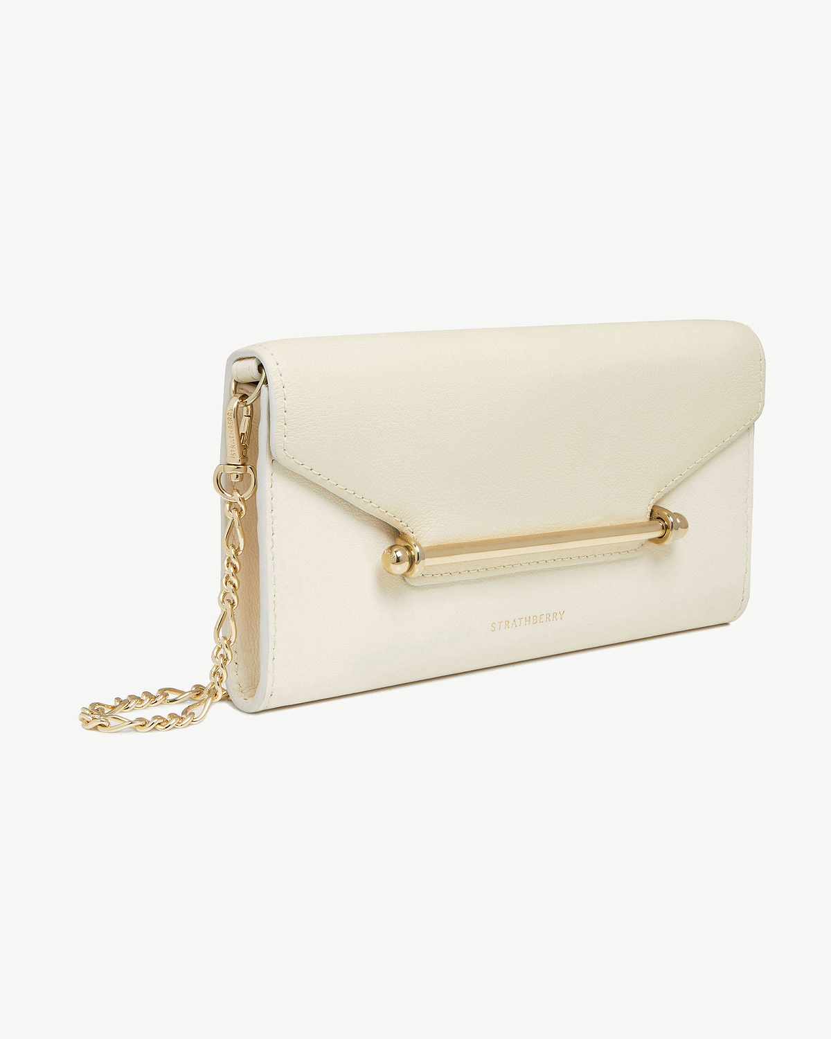 Strathberry Multrees chain wallet in vanilla and diamond with gold bar hardware.