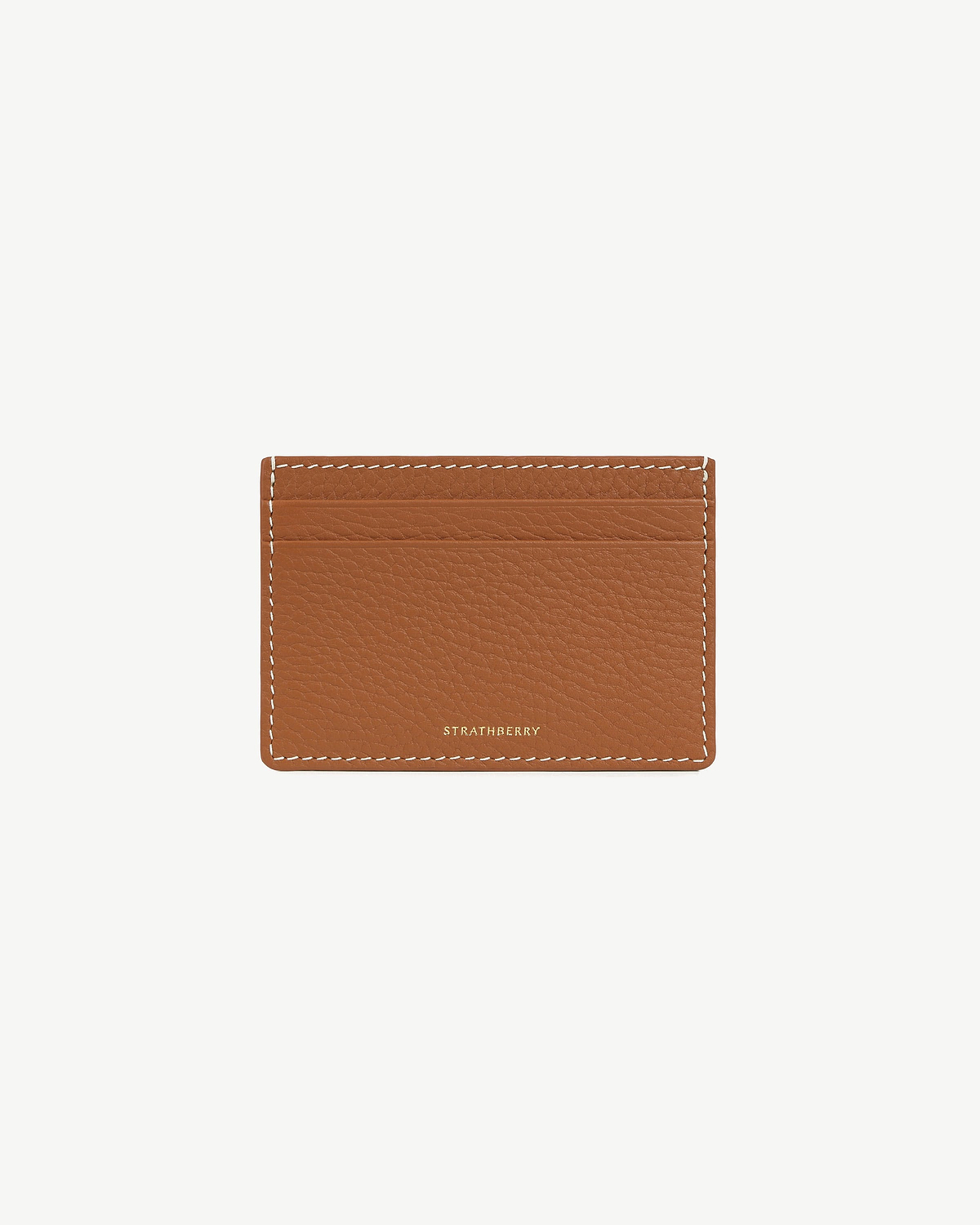 Strathberry tan leather cardholder with vanilla stitching and multiple card slots.