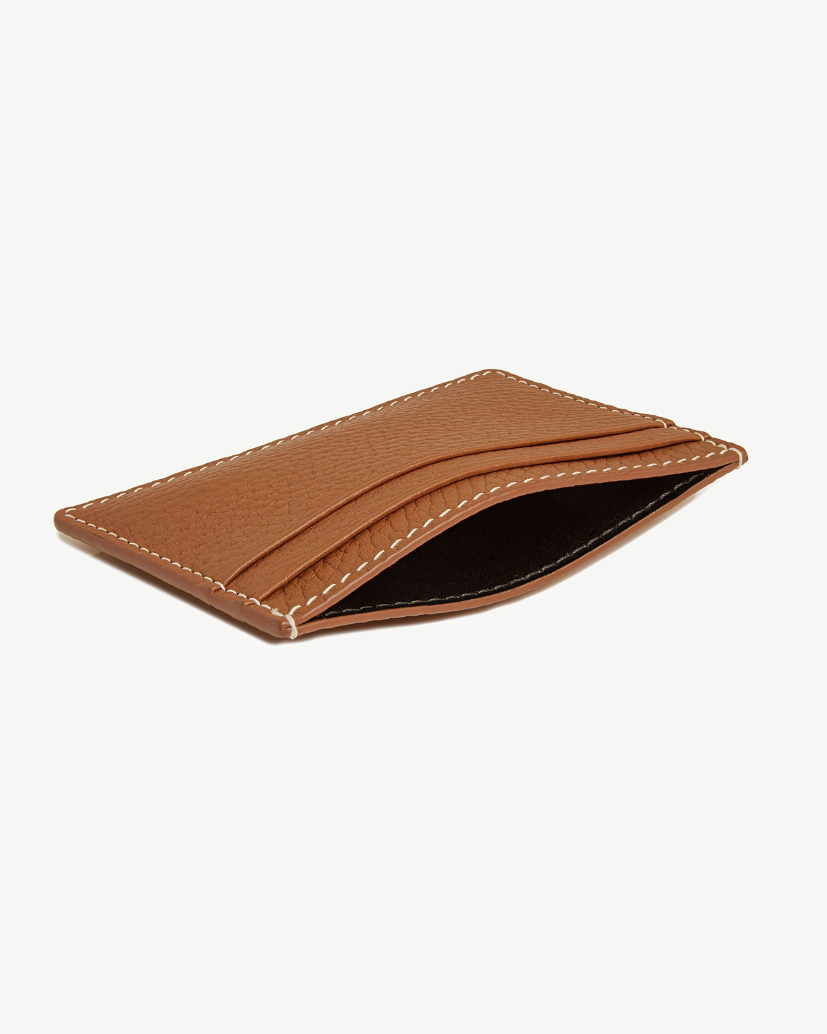 Tan leather cardholder with vanilla contrast stitching and multiple card slots.