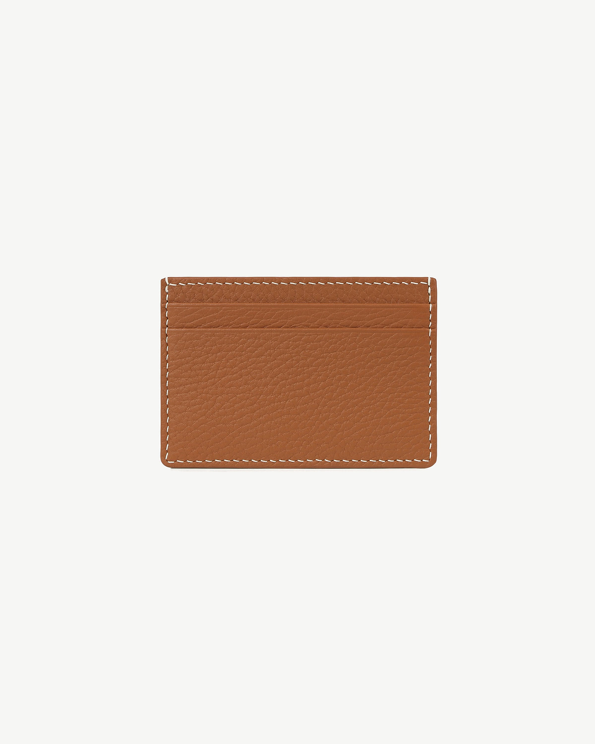 Tan leather cardholder with vanilla-coloured stitching and multiple card slots.