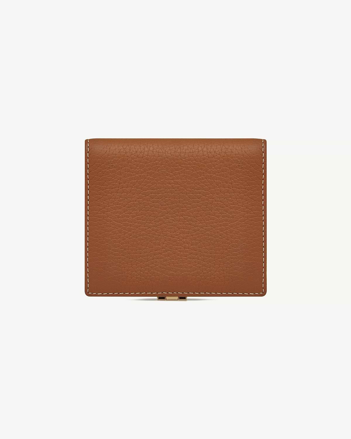 Tan crescent wallet with vanilla contrast stitching, pebbled leather and gold clasp.