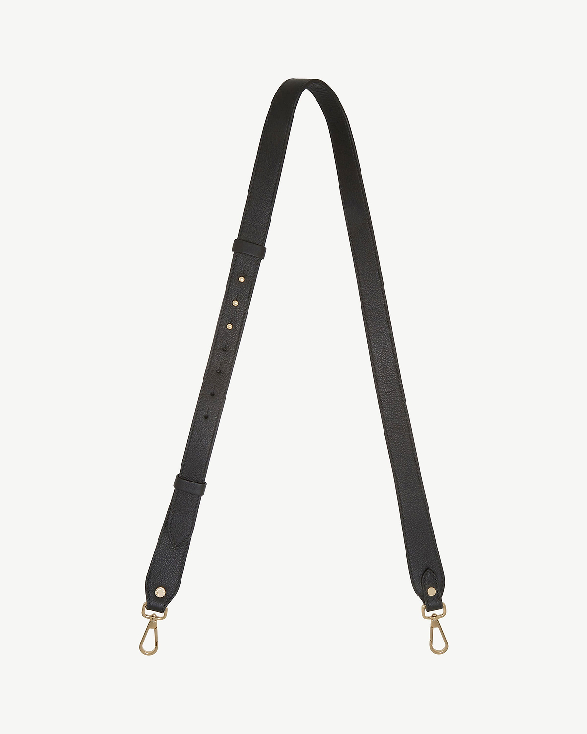 Black adjustable leather strap with gold metal clip hooks and multiple adjustment holes