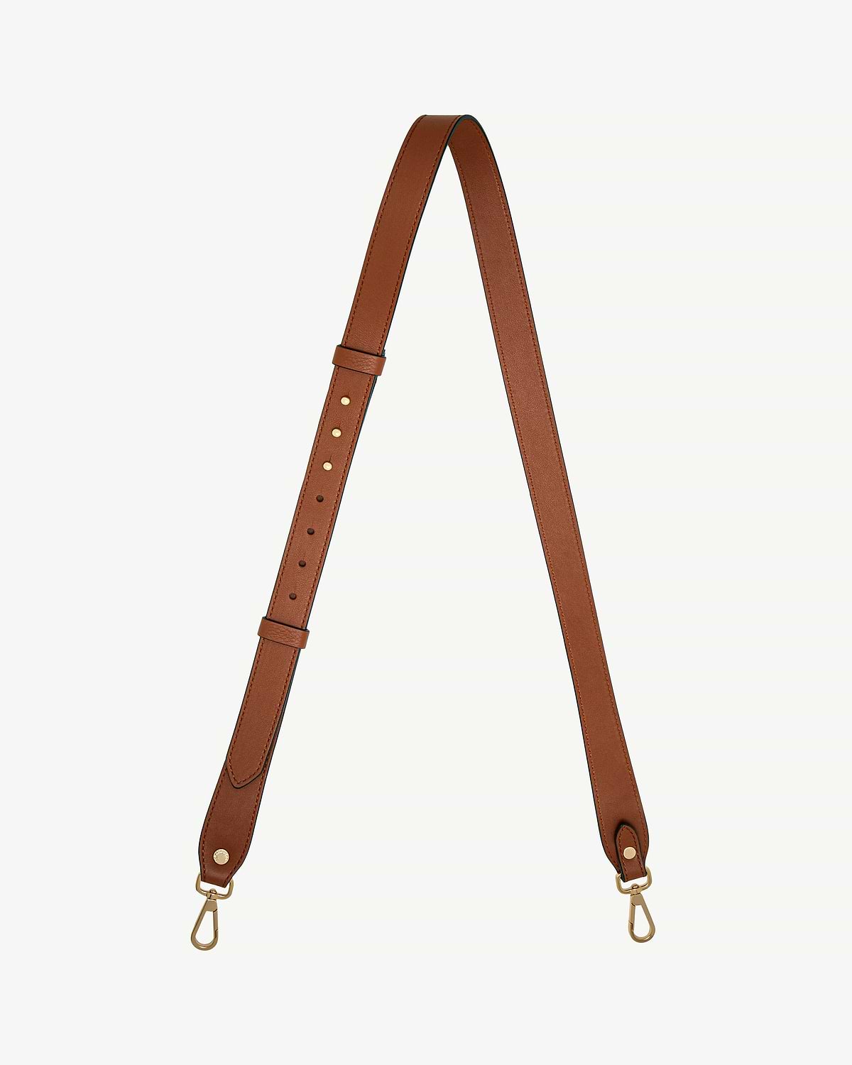 Chestnut adjustable leather strap with gold-tone swivel clips and multiple adjustment holes.