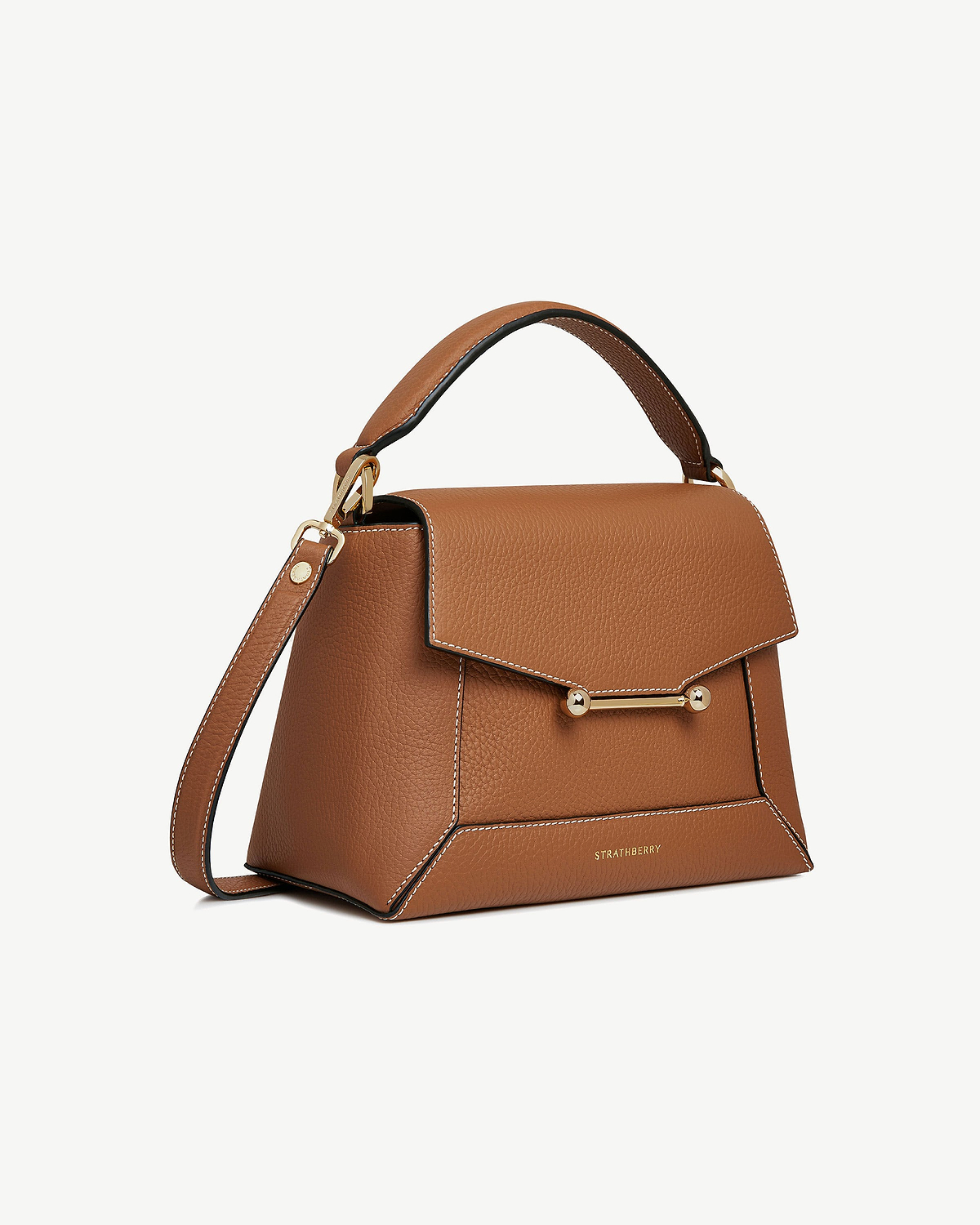 Tan mosaic bag with vanilla contrast stitching, gold hardware and Strathberry logo