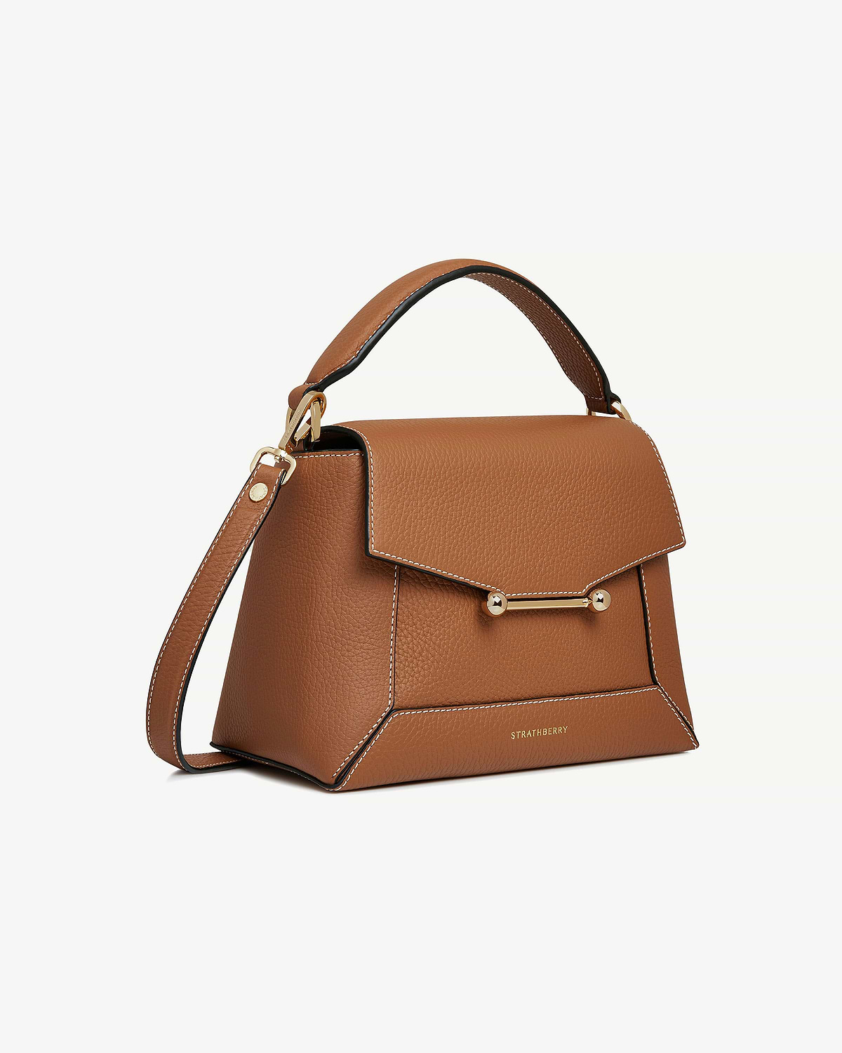 Tan mosaic bag with vanilla contrast stitching, gold hardware and Strathberry logo