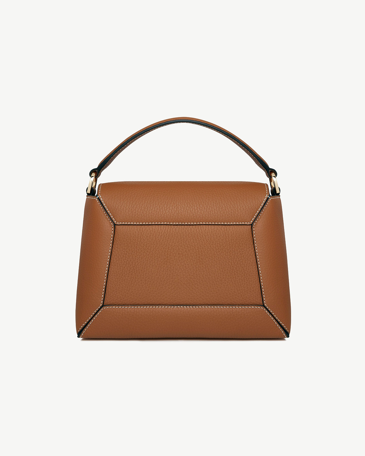 Tan mosaic bag with vanilla stitching, top handle, pebbled leather and contrast panels.