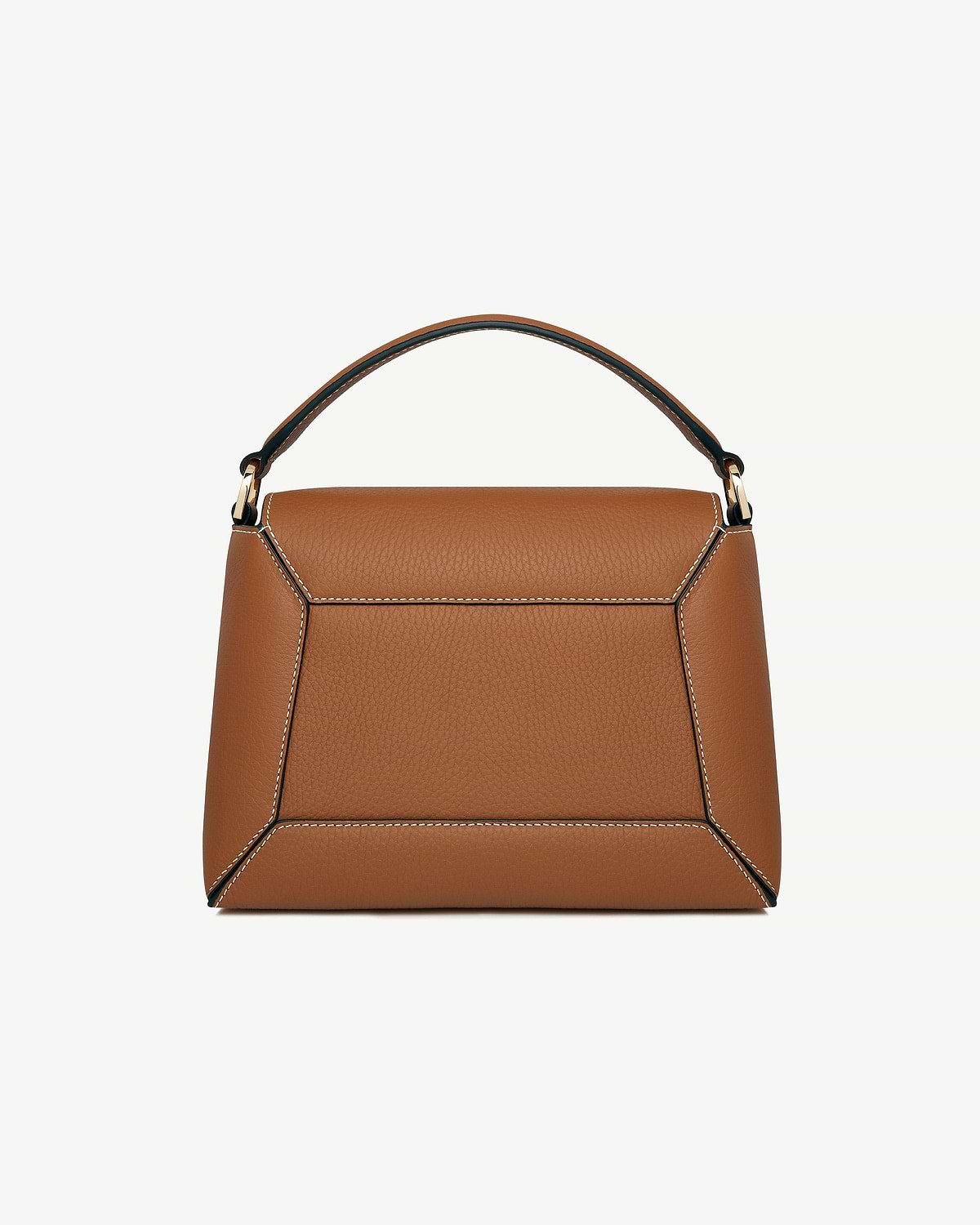 Tan mosaic bag with vanilla stitching, top handle, pebbled leather and contrast panels.