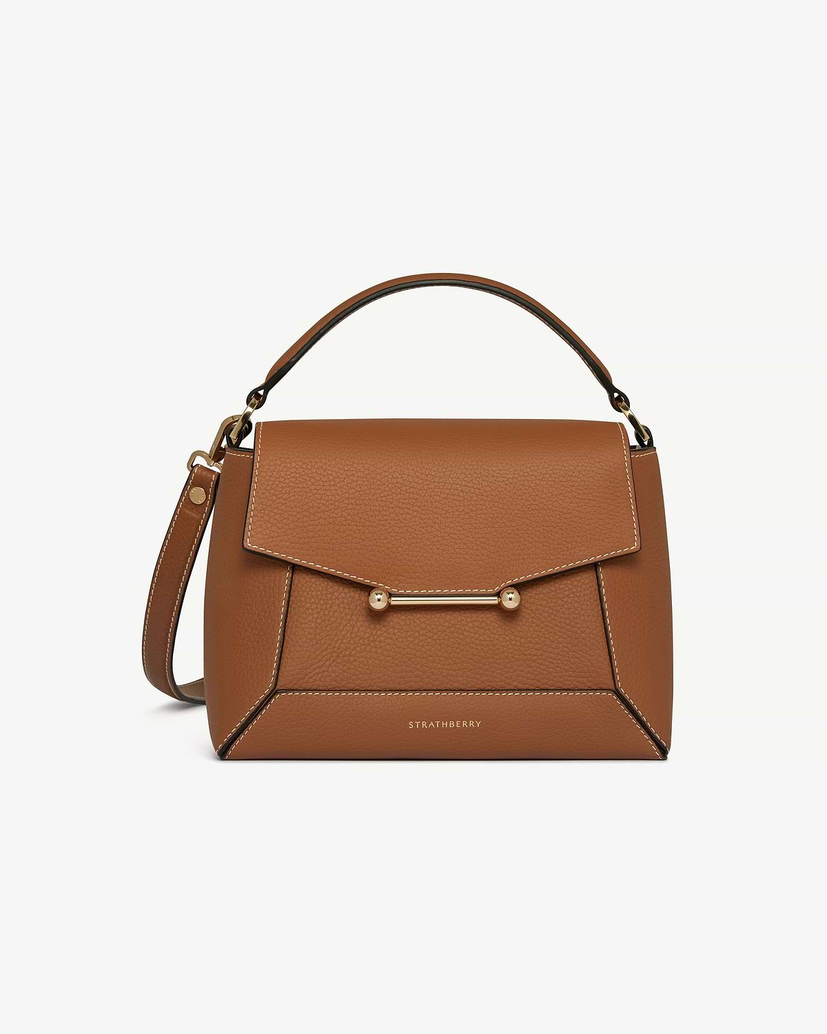 Strathberry Mosaic bag in tan leather with vanilla stitching and gold bar hardware