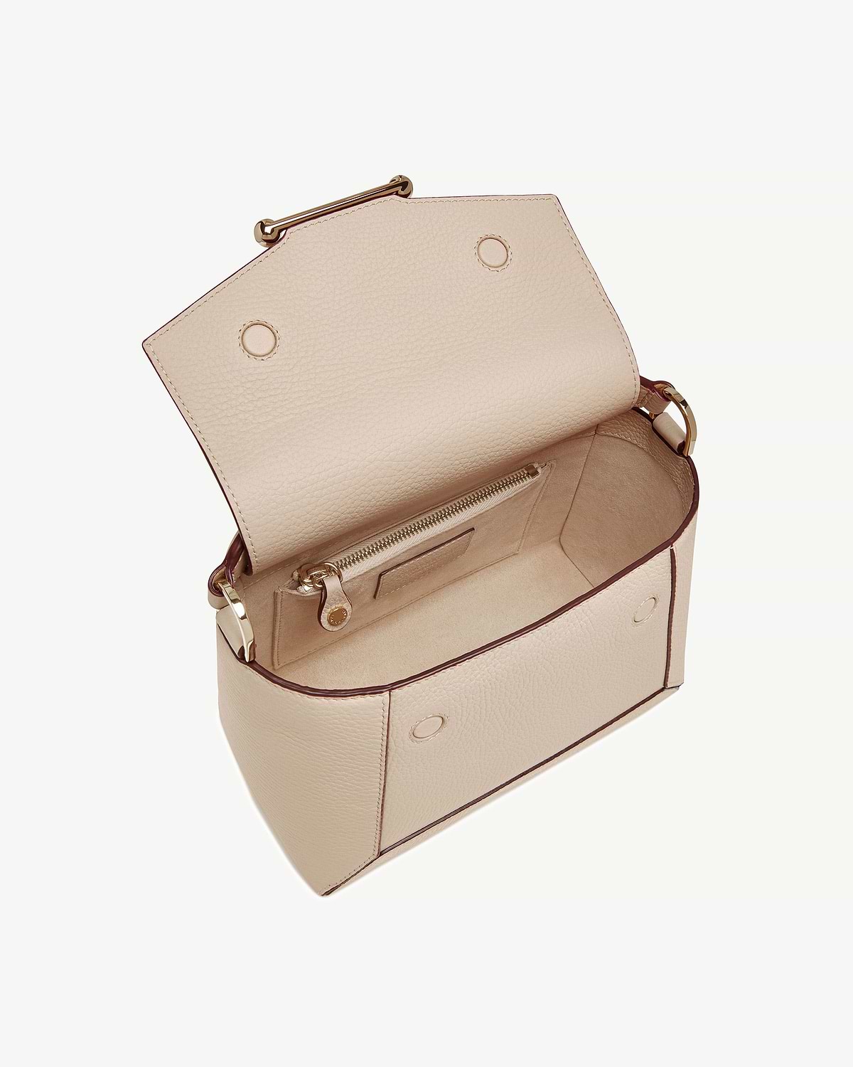 Oat leather mosaic bag with flap open showing interior zip pocket and lining.