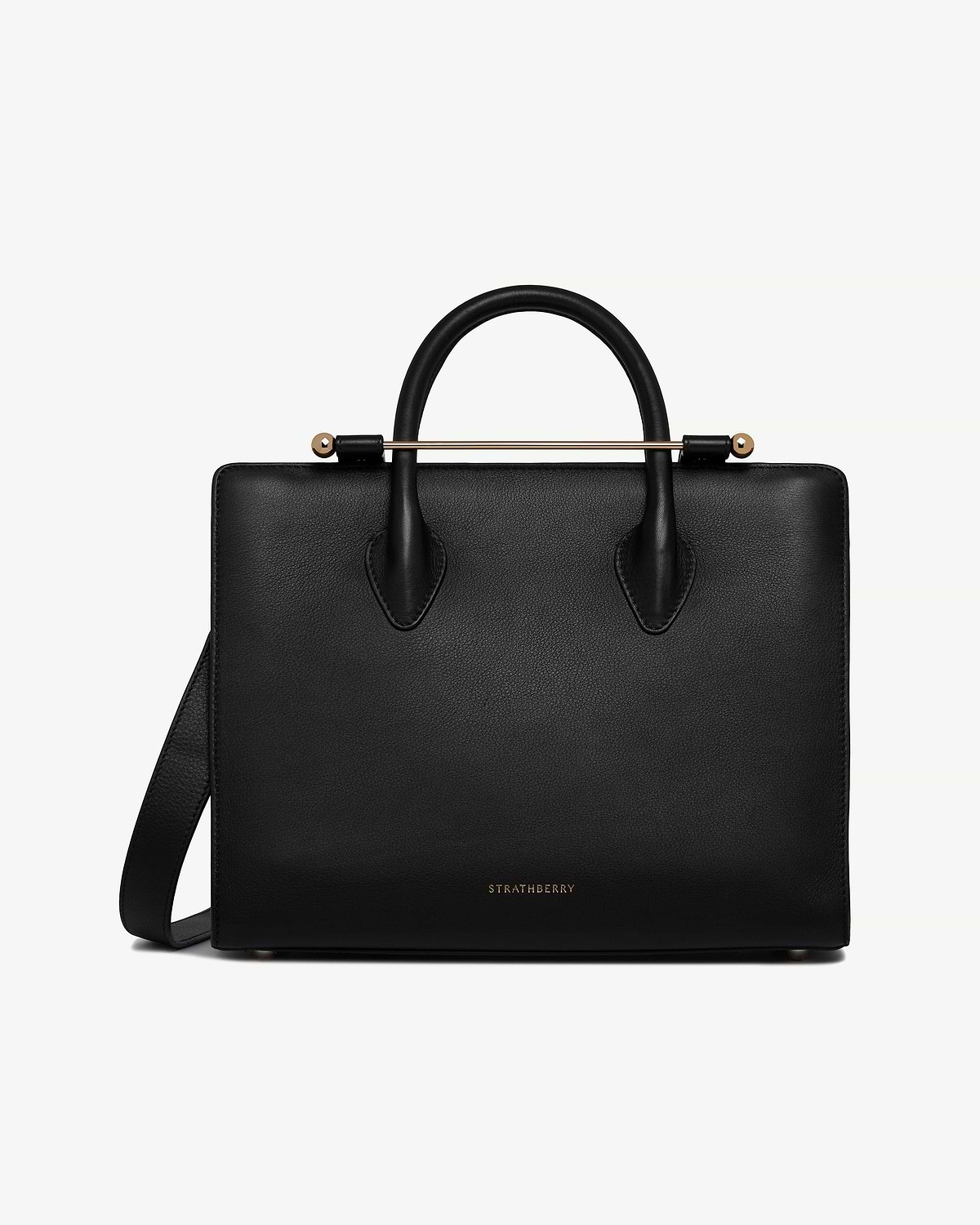 Black Strathberry midi tote with top handles, shoulder strap, and gold bar hardware.
