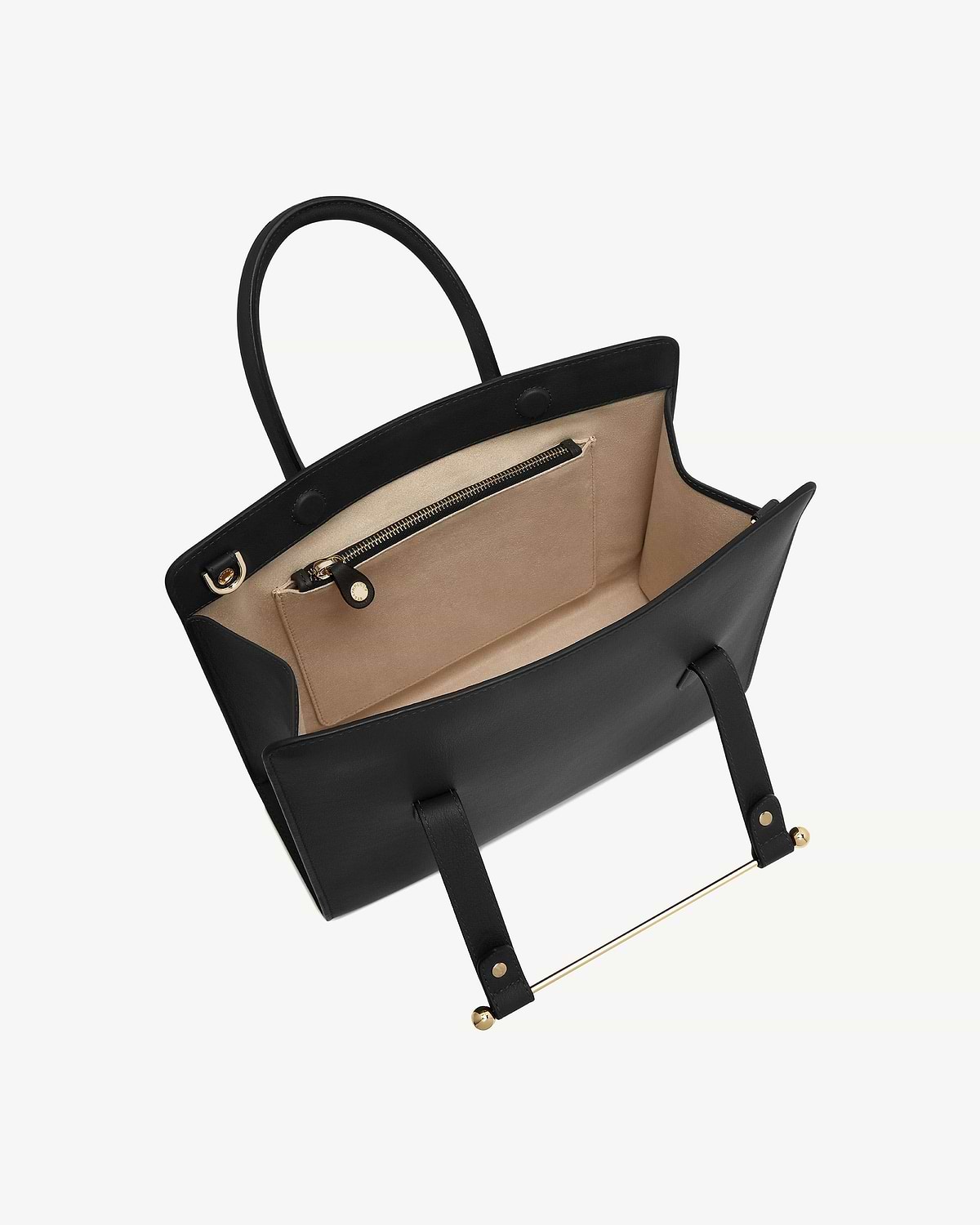 Black midi tote with beige interior, zip pocket, top handles and gold bar
