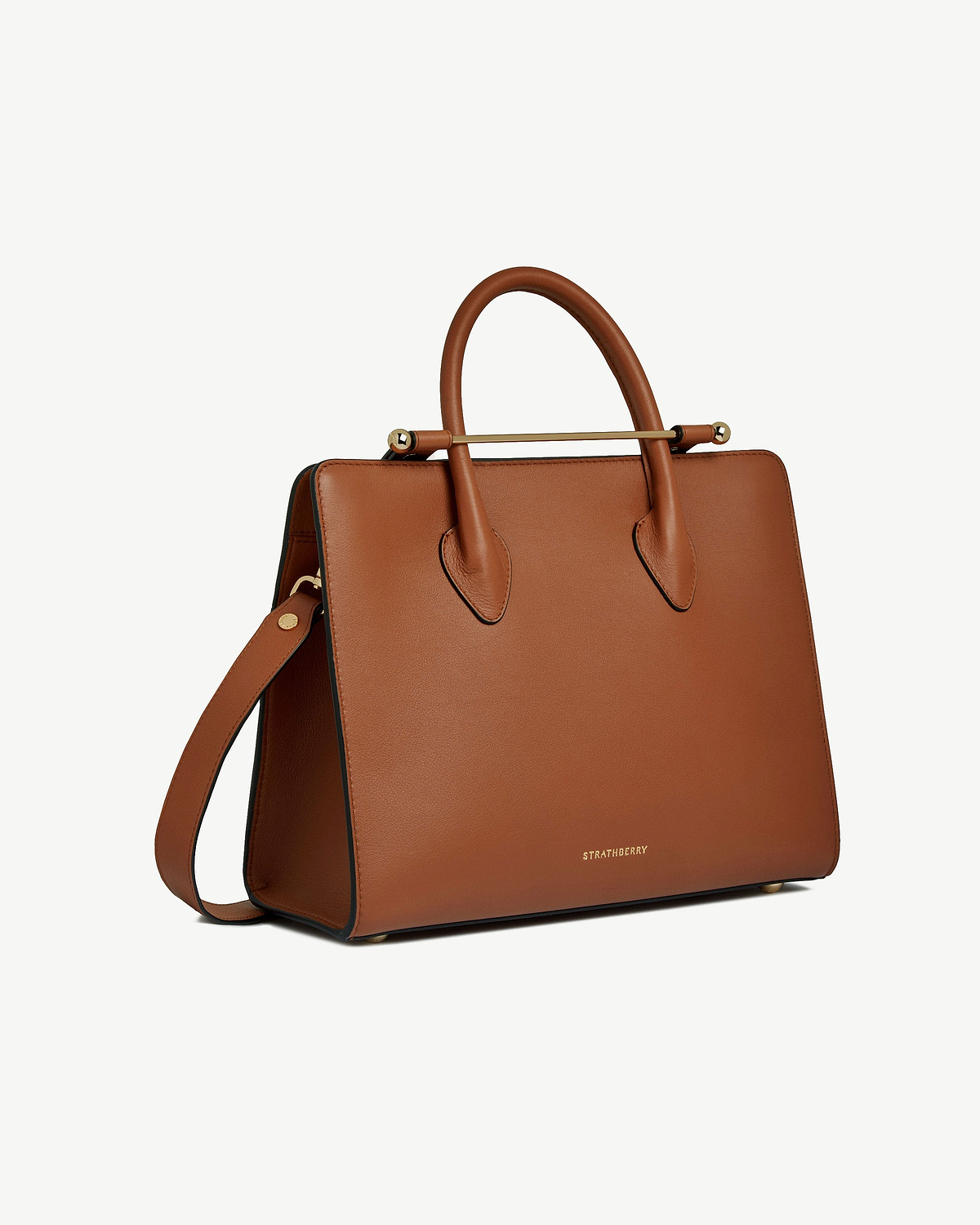 Strathberry chestnut midi tote with top handles, gold bar detail and detachable strap.