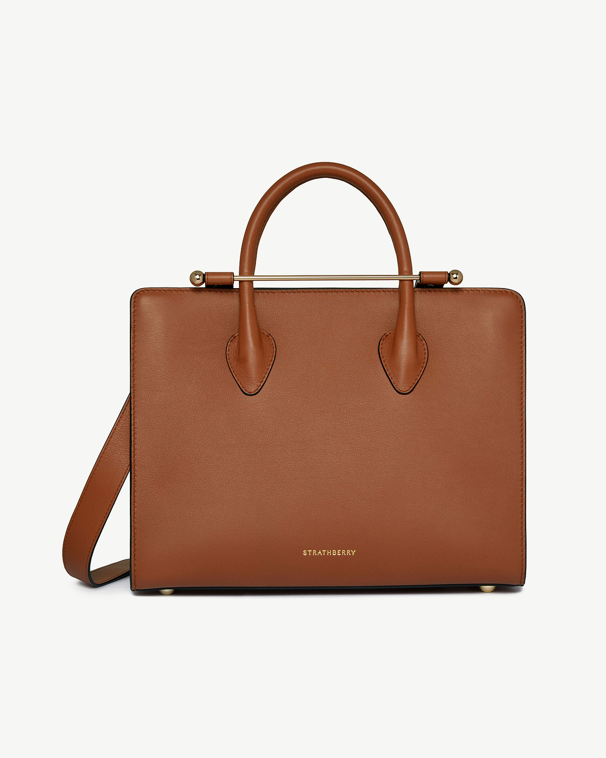 Chestnut leather midi tote with top handles, shoulder strap, metal bar and Strathberry logo.