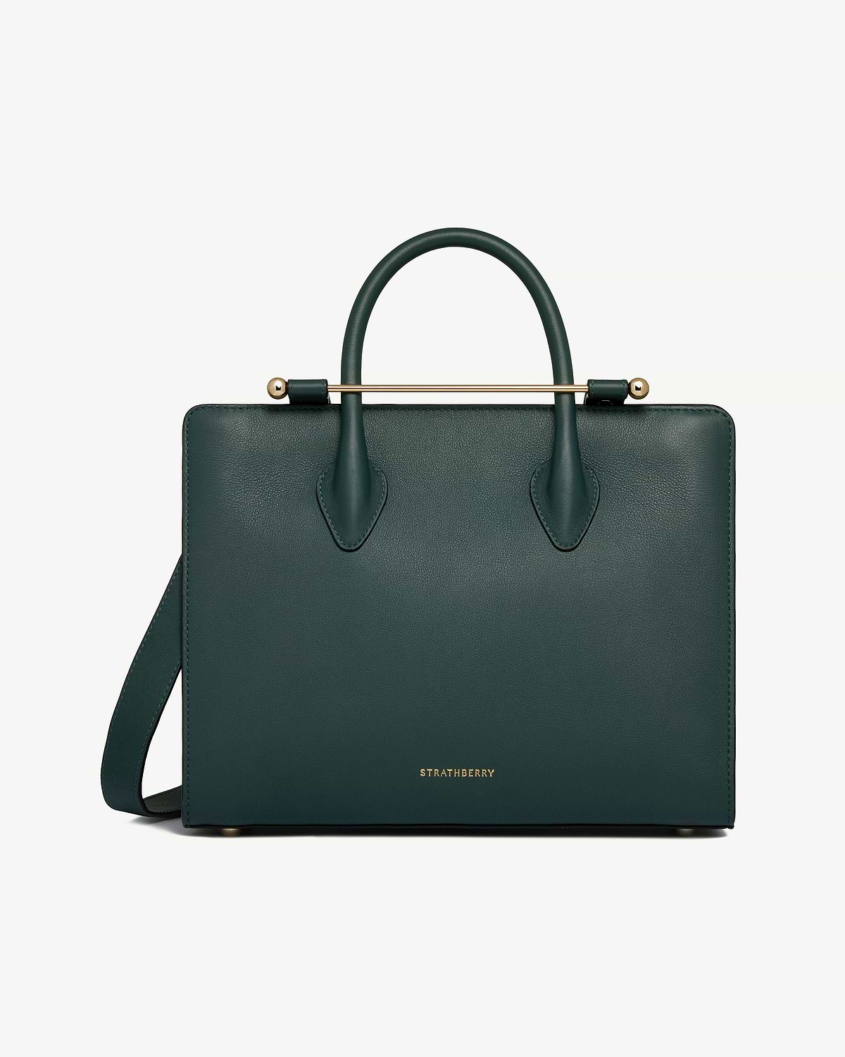 Bottle green midi tote with gold bar detail, top handles and Strathberry logo.
