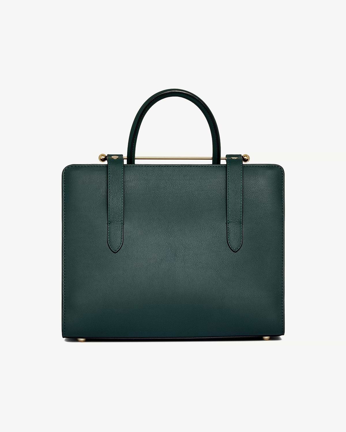 Bottle green midi tote with top handles and gold bar detail, front view.