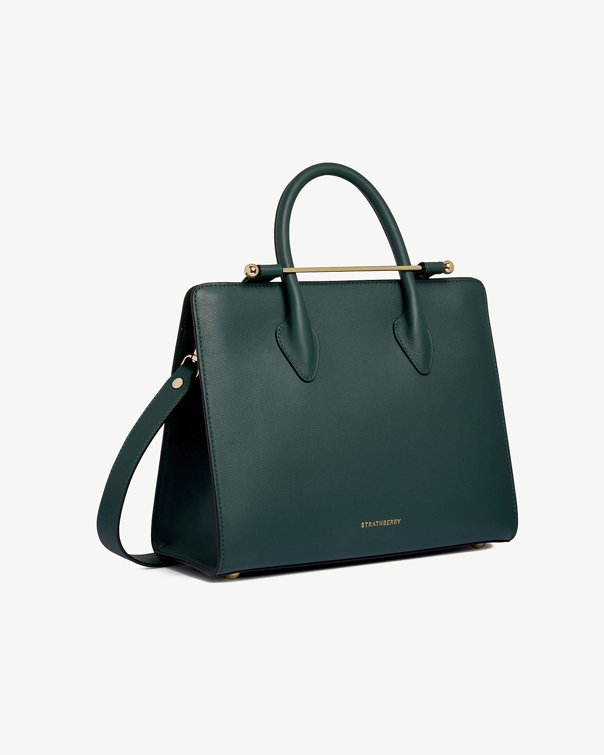 Bottle green Strathberry midi tote with top handles, detachable strap and gold bar.