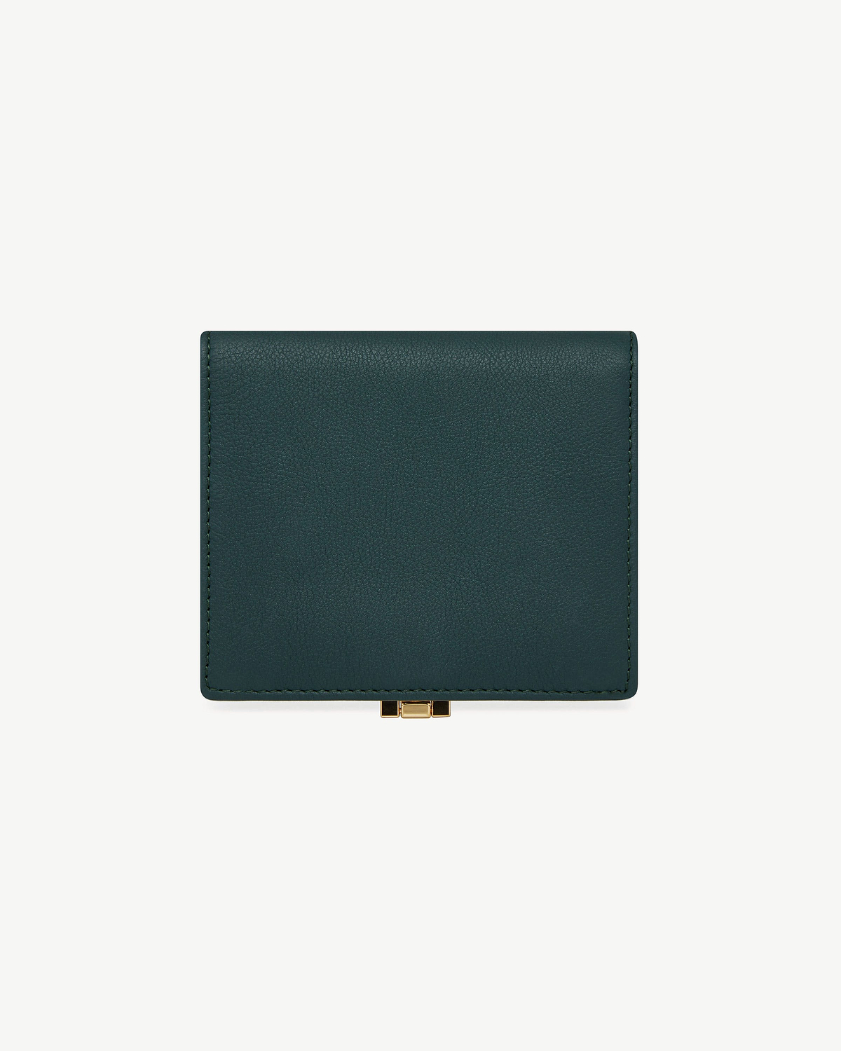Bottle green leather wallet with pebbled texture and small gold centre clasp.