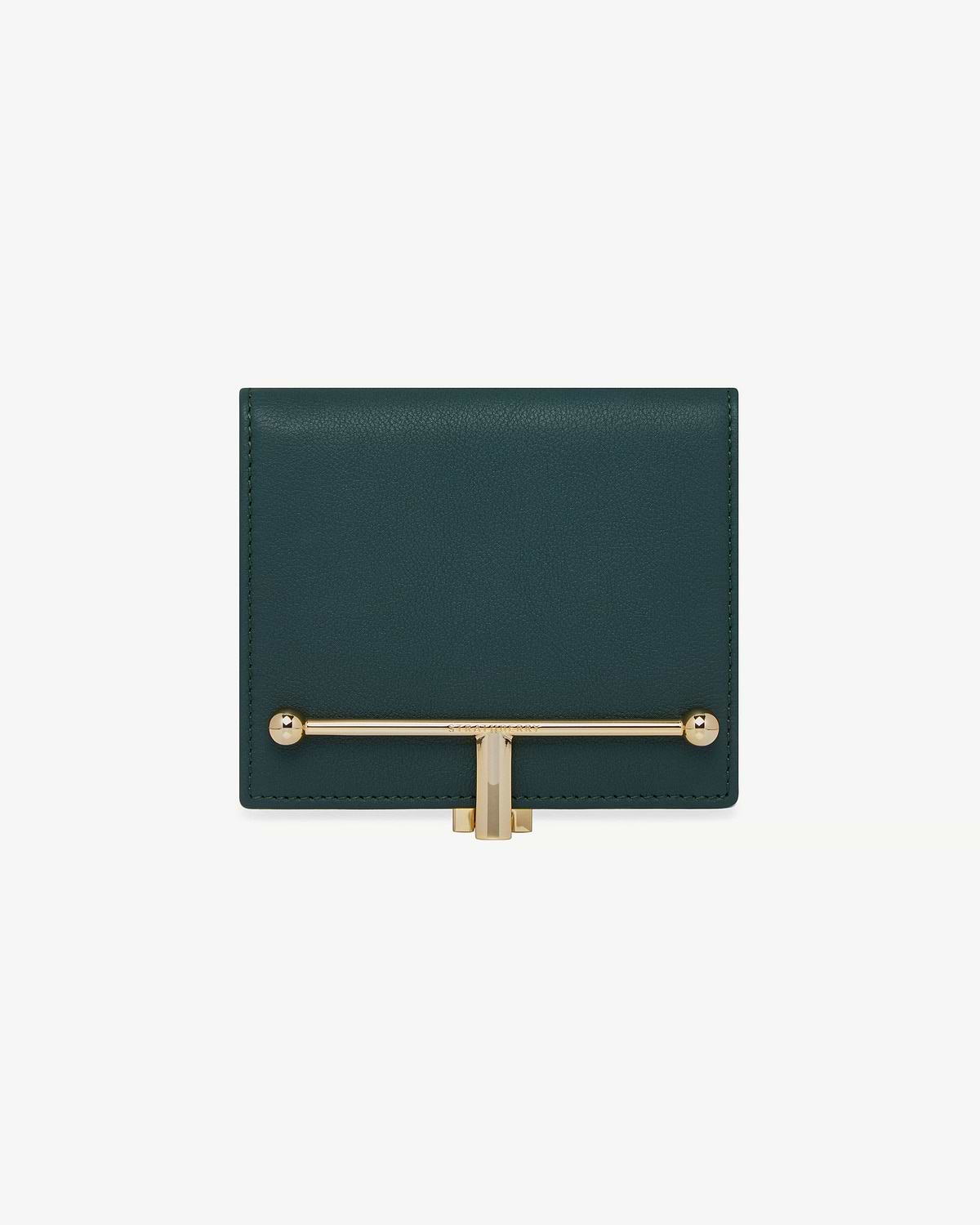 Bottle green leather wallet with horizontal gold bar clasp across front.