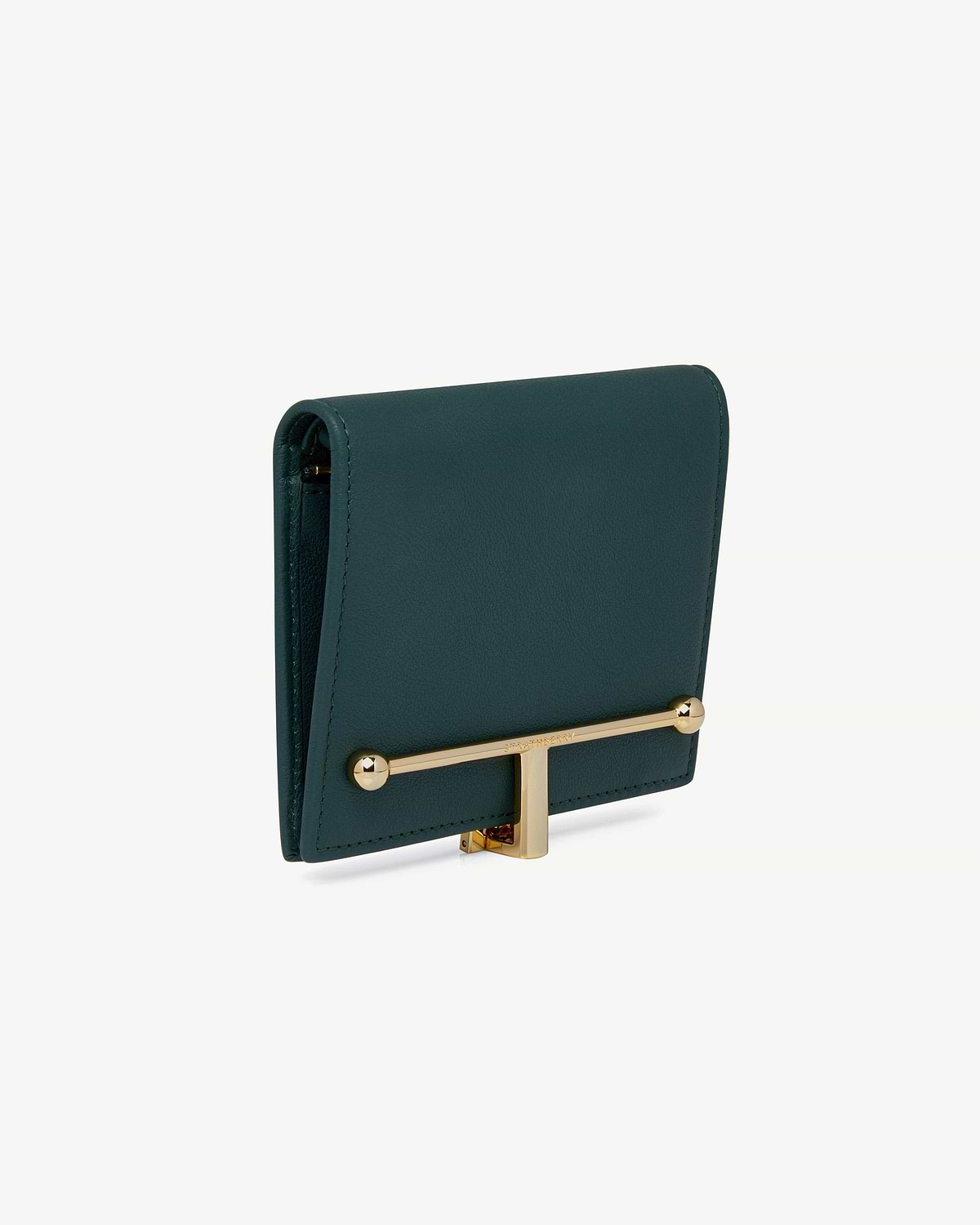 Bottle green leather wallet with gold T-bar clasp and visible edge stitching.