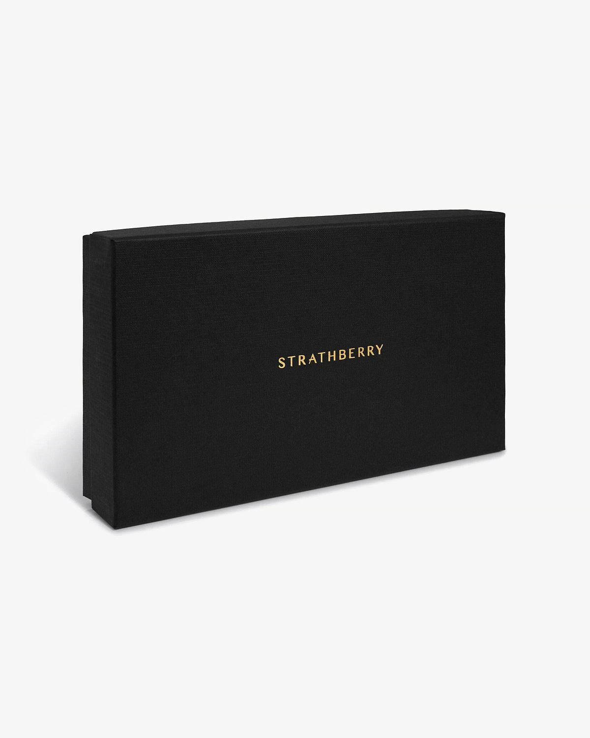 Black textured gift box with gold Strathberry logo on white background.