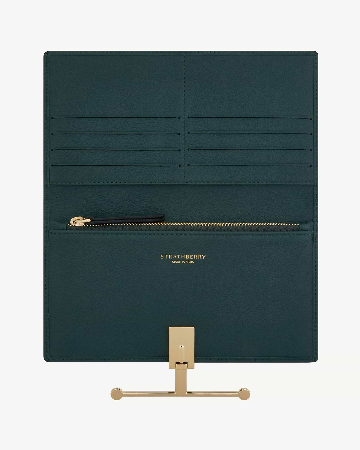 Bottle green large Melville Street wallet open, card slots, zip pocket, Strathberry logo.