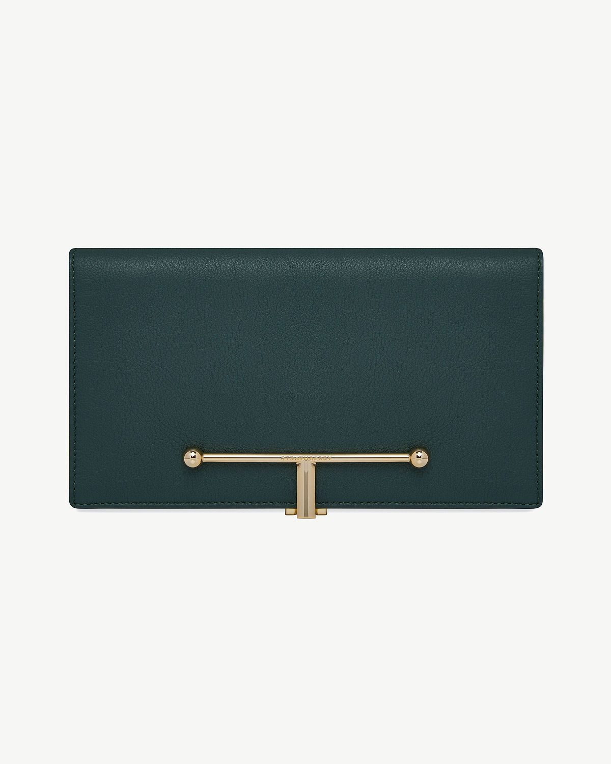 Bottle-green large Melville Street wallet with gold T-bar closure, pebbled leather.