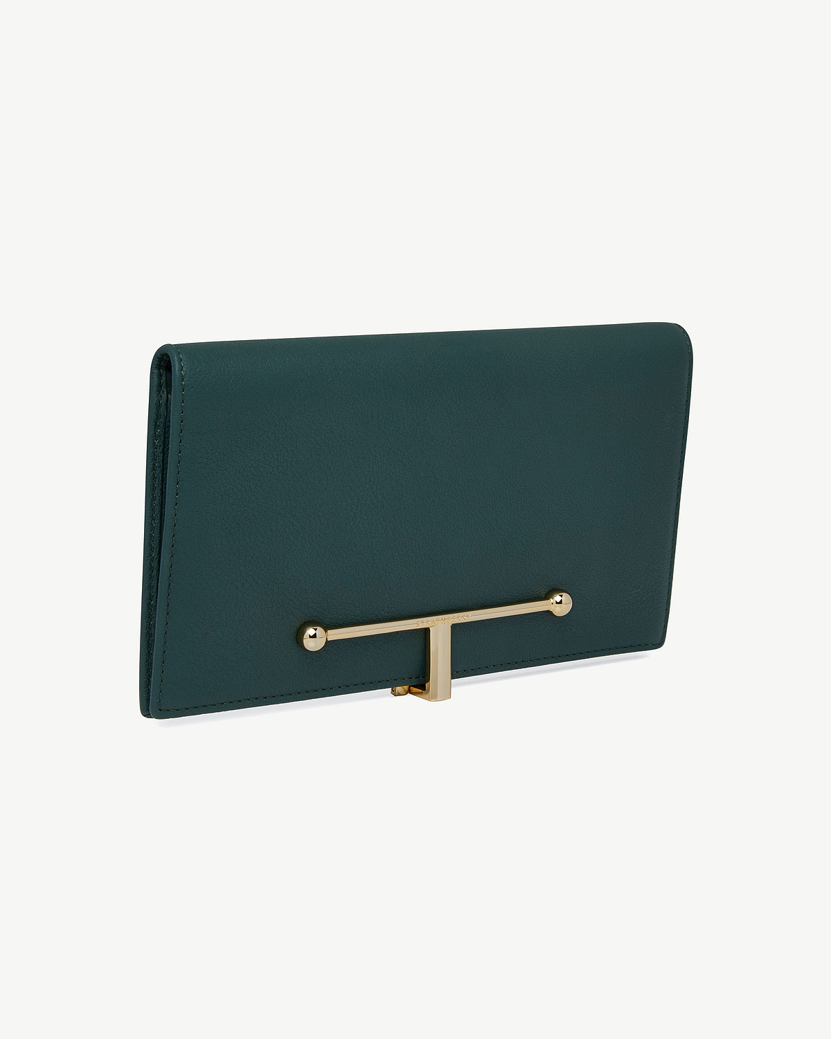 Large bottle green leather wallet with gold T-bar closure and flap.