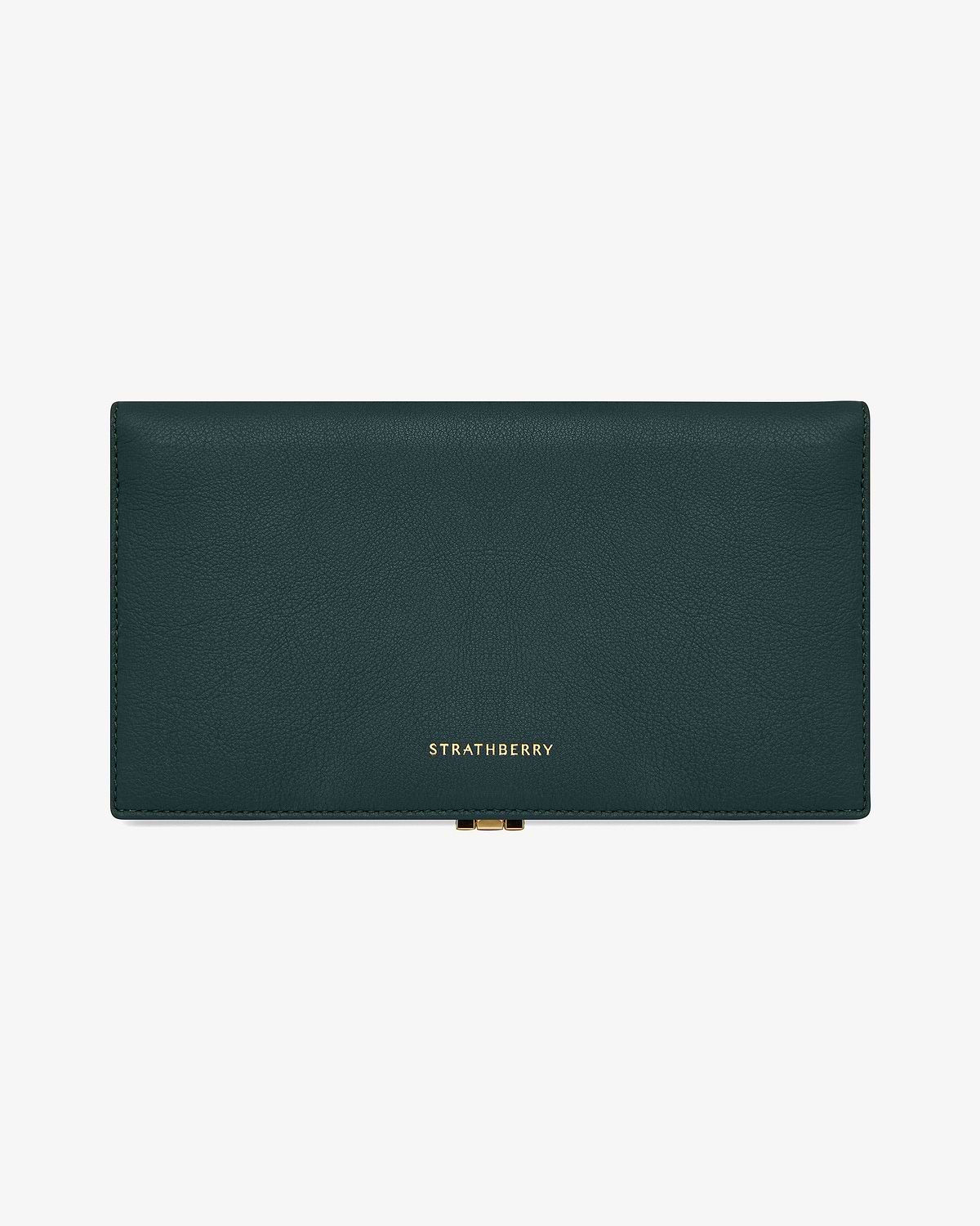 Bottle green large wallet with gold Strathberry logo and clasp