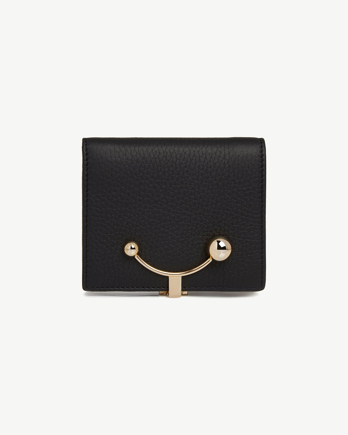 Black crescent wallet with pebbled leather and gold-tone curved bar clasp